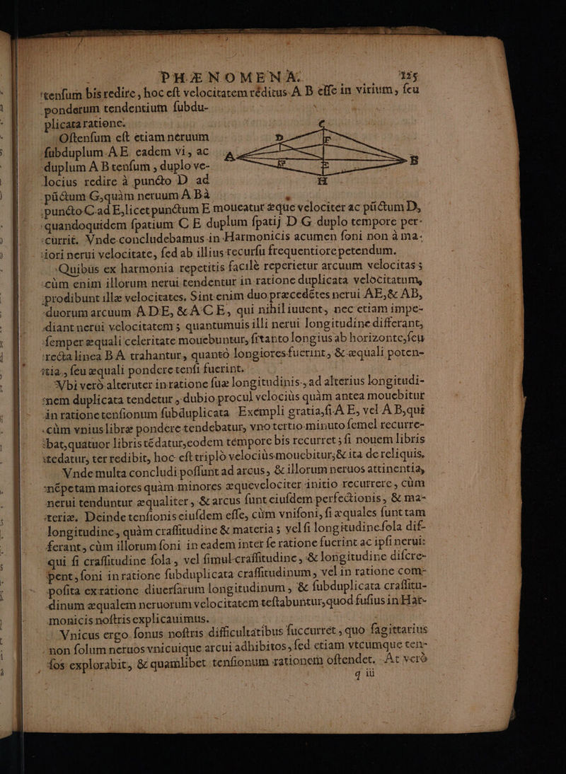 7 Foods + Fr y eenfum bisredire, hoc eft velocitatemrédieus. A B elfe in virium, feu ponderum tendentium fubdu- | plicatarationc. Oftenfum eft etiam néruum fubduplum AE eadem vi, ac duplum A B cenfum ; duplo ve- Jocius redire à punto D ac -pâdtum G,quim neruum ABà ET | .punéto-Cad E,licetpunétum E molicatur #que velocitér ac püétum D, ‘quandoquidem fpatium C E duplum fpatij D G duplo tEeMmpOrce per - -currit, Vnde.concludebamus-.in-Harmonicis acumen foni non à ma jori nerui velocitate, fed ab illiusrecurfu frequentiorepetendum. Quibus ex harmonia repetitis facilè repertetur arcuum velocitass ‘cùm enim illorum nerui tendeneur in ratione duplicara velocitatum, prodibunt illæ velocitates. Sintenim duo præcedétes nerui AE,&amp; AB, duorum arcuum ADE, &amp;ACE, qui nihiliuuent, nec ettam impe- diantnerui velocitatem ; quantumuis illi nerui longitudine diffcrant, femper æquali celeritare mouebuntur, fitanto longius ab horizontc.feu ‘ea linea B À trahantur, quanto longioresfucrint, &amp;-æquali poten- ia, feu æquali ponderetenfi fuerint. | Vbi vero alteruterinratione fuæ longitudinis.,ad afterius longitudi- mem duplicata tendetur ,-dubio procul velocitis quèm antea moucbitur inrationctenfionum fubduplicata Exempli gratia.fA E, vel À B,qui .cüm vniuslibræ pondere tendebatur, vno tertio-minuto femel recurre- ‘bat,quatuor libristé datur,eodem témpore bis recurret; fi nouem libris stedatur, ter redibit, hoc efttripld velociïsmoucbitur;8cita dereliquis, Yndemulta concludipoflunt ad arcus, &amp;illorum neruos attinenti :népetam maiores quamMINOrES æquevelocirer 1nitio recurrerc, cum nerui tenduntur æqualiter ,-&amp; arcus funt eiufdem perfectionis, &amp; ma- rerix. Deindetenfioniseiufdem effe, cùm vnifoni, fiæquales funt tam Jongitudine. quèm crafitudine &amp; materta ; vel fi longitudinefola dif- ferant, cdim illorumfoni in eadem inter fe ratione fucrint ac ipfinerui: qui fi craffitudine fola, vel fimul-craffitudine, -&amp; longitudine difcre- ‘bent, foni inratione fubduplicata crafitudinum, vel in ratione com: pofita exrationc diuerfarum longitudinum , &amp; fubduplicata craflitu- dinum æqualem neruorum velocitatem teftabuntur,quod fufius in Hat- monicis noftrisexplicauimus. | Vnicus ergo. fonus noftris difficulratibus fuccurret, quo fagittarius non folum neruos vnicuique arcui adhibitos,fed etiam vteumque te i- D: Ps