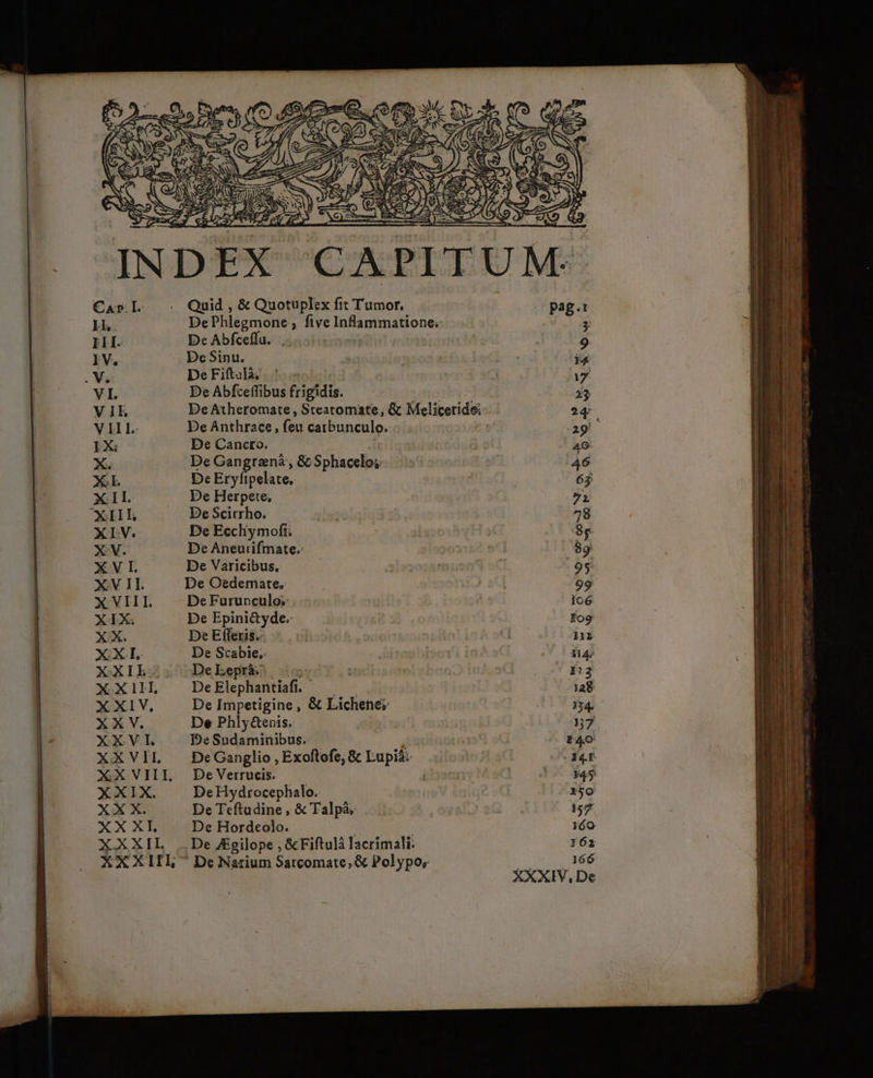 XXII. XXXI Quid , &amp; Quotuplex fit Tumor, De Phlegmone , five InBarmmations; De Abfcelfu. De Sinu. De Fiftalá, De Abfceffibus frigidis. De Atheromate , Steatomate, &amp; Melicetide De Anthrace, feu carbunculo. De Cancro. De Gangrená , &amp; Sphaceloi De Eryfipelate. De Herpete, De Scirrho. De Ecchymofi: De Aneutifmate.: De Varicibus. De O&amp;demate. De Furunculo; De Epini&amp;yde. De Efferis. De Scabie. De Lepràá. De Elephantiafi. | De Impetigine, &amp; Lichene: De Phly&amp;enis. BeSudaminibus. i Dec Ganglio , Exoftofe, &amp; Lupiá: De Verrucis. De Hydrocephalo. De Teftudine , &amp; Talpà, De Hordcolo. De Zgilope , &amp;Fiftulà lacrimali. ' De Narium Satcomate, &amp; Polypo, 166 XXXIV, De