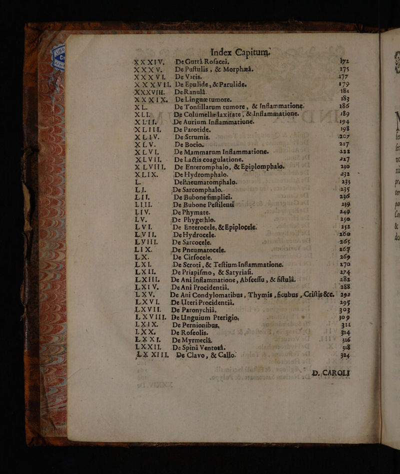 hu me MER iX. E: TMRCERUMK, 77S ccrto cae M MUS COCITPIRIROS ir LAGEISERTSNE Index Capitum. GXXIV. | DeGuttà Rofaceá, XXXV. DePuftlis, &amp; Morphzàá. | 175 XXXVI 2DeVseris. A77 XXXVII. DeEpulide, &amp; Parulide, 179- | XXXVIH. DeRanulá. | )Br l XXXIX, DeLin gc tumote. | 183 | XL. De Tonfillarum tumore, &amp; Inflammatione: 186 | XLL: De Colümellelaxitate ; &amp; Inflammatione. 89 XLLII. De Aurium Inflammatione. 494 XLIIT DeParotide. 198 | XLIV. . De$trumis. i207 | XLV. De Bocio. 217 | XxLVI. De Mammarum inflammatione. 221 | XLVIIL . DeLaüiscoagulatione. 21] l XLVHI DeEnteromphalo, &amp; Epiplomphalo. 230 l XLIX. . ;DeHydromphalo. S52 7 I Ee DePaeumatomphalo. 235 | L I. ;De Sarcomphalo. 235 i LII. De Bubonefimplici.- 236 | LIIL ' DeBubonePefülenti ie | 239 LIV. DePhymate. 249 LV. ;De Phygethlo. 250 LV I. .De Entérocele, &amp; Epiplocele. 252 LVII . DeHydrocele. 260 LVHI. De Satcocele. 265 LIX. ,DePneumatocele. j 263 LX. 'De Cirfocele. | a69 : LXI De Scroti , &amp; TeftiumInflammatione. 270 i LXIL De Priapifmo , &amp; Satyriafi. 174 jd LXHI, DeAniInflammatione, Abfceffu , 8c fftulá. — a82 T LXIV. .DeAniProcidentiá. 288 $ LXV. Dean Condylomatibus , Thymis, ficubus ,.Criftis&amp;c, ' 252 à LXVIL De Paronychiá. |. 393 LXVIIL DeLlnguium Pterigio, | 3092 LXIX. . DePernionibus. | 3H l.XX. De Rofeolis. 314 LXXI. DeMyrmeciá. 31 LXXIL DeSpiná Ventosá. 58 Lx XIIL De Clavo, &amp; Callo 324 D.,CARQLI aw EN T UTERE x teras etr pee TRI Tip eux