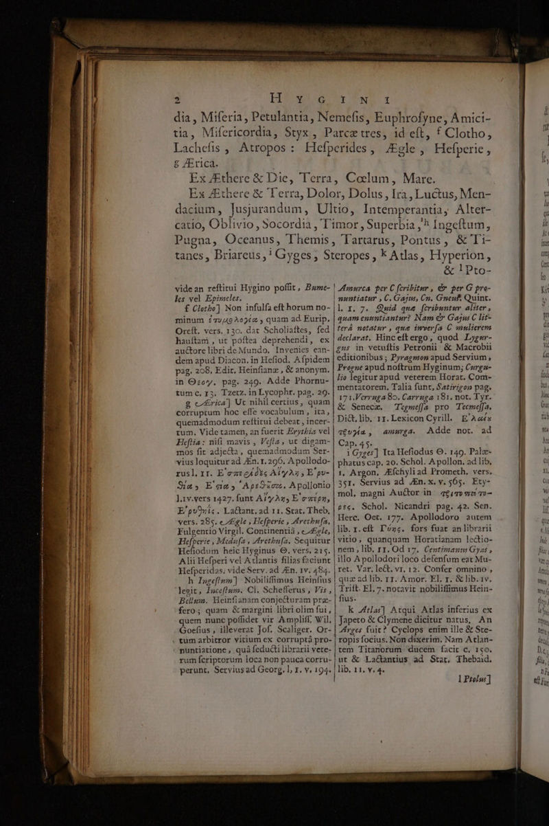 in H'* sx! INA T € /Erica. Pu o larürus, Pontus, &amp; Ti- &amp; !Pto- in Oo*y. pag. 249. Adde Phornu- tum C, 13. Tzetz. in Lycophr. pap. 29. 2 c£rica] Ut nihil certius, quam corruptum hoc efle vocabulum, ita, quemadmodum refticui debeat , incer- tum, Vide tamen, an fuerit Erytbza vel Heflia: nifi mavis , Vefla , ut digam- mos fit adjecta, quemadmodum Ser- vius loquitur ad JEn. r. 296. A pollodo- rusl. rr. E'eze g4d5e Atty As , E'pv- Siz, E'ax45 Aps93oz. Apollonio J.1v.vers 1427. funt Aty Az) E'ezipn, E/'pvOvic. LaCtant. ad 11. Stat, Theb, vers. 28s. e /£gle , Hefperie , Arezbufa, Fulgentio Virgil. Continentiá , c ZZzg/e, Hefperie , Medufa , IMretbu[a, Sequitur Hefiodum heic Hyginus 6. vers, 215. Alii Hefperi vel Atlantis filias faciunt Hefperidas, vide Serv. ad JEn. 1v. 484. h Iageflsm] Nobiliffimus Heinfius levit, luceflum. Cl. Schefferus , Vis, Bells. WHeinfianam conje&amp;uram prz- fero; quam &amp; margini libri olim fui, quem nunc poffidet vir Ampliff. Wil, Goefius , illeverat Jof. Scaliger. Or- puntiatione , quà fedudi librarii vete- rum fcriptorum loca non pauca corru- perunt, Servius ad Georg. l, 1. v, 194. lio legitur apud veterem Horat. Com- mentatorem. Talia funr, Satirigoo pag. 17 1,Verruga 8o. Carruga 181. not. Tyr. &amp; Senecz, Tegmeffa pro Teemeffa. Dict, lib. r1. Lexicon Cyrill. E'Az/s q€99(a , amurga. Adde not. ad Cap. 45. i Gyges] Ita Hefiodus O. 149. Palz- phatus cap. 20. Schol. A pollon. ad lib. 1, Argon, ZE(chyliad Prometh. vers. 391. Servius ad JEn. x. v. 565. Ety- mol, magni Auctor in 46,47» 9 7»— ptc. Schol. Nicandri pag. 42. Sen. Herc, Oet. 177. Apollodoro autem lib. r. eft I'ézc. fors fuat an librarii vitio; quanquam Horatianam ledtio- nem , lib. rz. Od 17. Centimanus Gyas illo A pollodori loco defenfum eat Mu- ret. Var. lect. vr, 12. Confer omnino , quz ad lib. r1. Amor, E]. r. &amp; lib.1v. Trift. El, 7. notavit. nobiliffimus Hein- fius. k tas] Atqui Atlas inferius ex Japeto &amp; Clymene dicitur natus, An Zrges fuit? Cyclops enim ille &amp; Ste- ropis focius. Non dixerim, Nam A tlan- rem Titanorum. ducem facir c. 150. ut &amp; La&amp;antius ad Stat, Thebad. lib, 11. v. 4. l Ptolos]