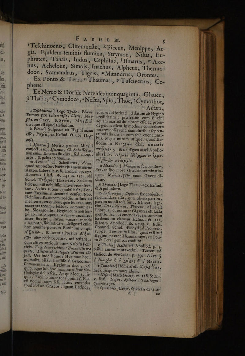 he lot, iti d- iod, Heu. cabu- ] 8, ter je defiod, jmn.1, ten id t inita Milit . Hac edbula liculis imd, Aipt- 1 Ia Mt- Mte TEUU (t, Eu Met nierius 'etiti- atque hes Icquam p. I A ido &amp; mlntet f» ; ue pfe Aim il- tApo- Ti all j unm Menippe, Ar- phrates, Tanais, Indus, Cephifus , ! Ifmarus , m Axc- doon, Scamandrus, Tigri s, ^ Mzandrus, Orontes. pheus. quinquaginta ,Glauce, - iTtfcbinceno ] Lego Tyche, Pbano. Et mox pro Clitemnefte , CLtie , Mne- fibe.ex Grxc, Koosin, Mo d. utraque eft apud Hefiodum, k Picus] Sufpicor ab Hygini manu effe, Perfeis , ex Hefiod. O. ubi IIte- l Ifmarns ] Merito. probat Micylli conje&amp;uram , Zfienus , Cl, Schefferus, nonenim límarus fluvius, fed mons, urbs, &amp; palus eo nomine, m A xezas ] CI. Schefferus, xiu. quod amplector. Facit ejus meritionem Anton. Liberalis.c, 8, Euftath, p. 272, Homerus Iliad. 4, r4: &amp; 1:57, ubi Schol, Ilo(x poc IIoseví uz, Sed cum heic nonnifi nobiliffimi fluvii recenfean- tur, Axius autem ignobilisfit, Pon- tum Euxinum: denotari cenfet. Nob. Heinfius, Rationem reddit in fuis ad me literis , ex quibus, qua huc faciunt; excerptatecum , leCtor, communica- bo. Sicergoille: Hygini cum nonlon- 8 ab initio. opetis Zxenum recenfear inter fluvios, ;;Jócum vacare. mendá alias,puto, fubindicavi : defignari enim hoc nomine pontum Euxinum , qui A E cy G- ; &amp; licentia Poética A Za- YO» olimperhibebatur, uti teffantur cum alii ex antiquis , tum Nafo in Pon- ticis. Frigida sme cobibent Enxini littora | genti: Ditffus ab antiquis M xenus. ille | fuit. Uti inde liqueat Hyginum hoc, ut multa alia,- haufiffe &amp; Grzcorum Commentariis, | Hyginum dico, vel quicunque fub hoc nomine auctor My- thologiz delitefcit, Ar quis locus, in- Quis, Euxitoo inter tot flumina ?. Flu- vii nomen cum fefe latius extendat apud Po&amp;tas Grecos , quam. Latinos; | ACE, eorum auctoritati id datum ab Hygino crediderim : prafertim cum Fuxini aquam mariná dulciorem effe, ac proin- de gelu facilem in modum concrefcere veteres obfervent, compluribus fepten- trionis fluviis in eum fefe exoncranti« bus. Magis mirum utique , quod He- fiodus in Os2ewa dixit éusawór z»(xuov , &amp;de ZEgaxo mari A pollo- niusl.iv, Alyaiy idv uos ty tea.o- ez pO zoixMalo. n Meandris]. Meandrus fcribendum, Servat fuo more Gracam terminatio- nem. MowasogÓ» enim Gtzce di- citur, 0 T'5onmas ] Lege TLasmas ex Hefiod, &amp; Apollodoro. P Tueferverfus] Cepheus, Ex conjectu- rà emendare ifta , qua: aliena partim , partim monftrofa funt , filicear, lege- rim, Ceto , Nereus, Phorcas. Alius eít Phorcus , cujusinter Gigantes eft facta mentio. lta , ut emendavi , tantum non Ícribendum clamant Hcfiod. 6. 233, &amp; feqq. Apollod. lib. t. pag. $. Edit. Conimel, Schol, Zíchyli ad Prometh. Y. 792. Tres enim illos, quos reftitui Hygino, prater Thaumantem , ex Pon- to &amp; Terrá genitos tradunt. q Thalia] Halia eft Apollod. p. s. Nihil tamen mutaverim. ^ Tzetzes 3d Heliod. de &amp;9uAe2 p. 39. . Ay y! g tuo sia QC a aee4s C Xy Nuprts. t Cymodocc] Homero eít K9uocoxz, necquicquam mutandum. s Nefzea) Maro Georg. rv. 338. &amp; En. v. 826. Nefee, Spitque Thaliaque , Cymodoceque. n iain - - P  DETHEL DELI quU - — — - --—t - —— góÓÓ i ME ——ÓÁ— — Pa m—— M