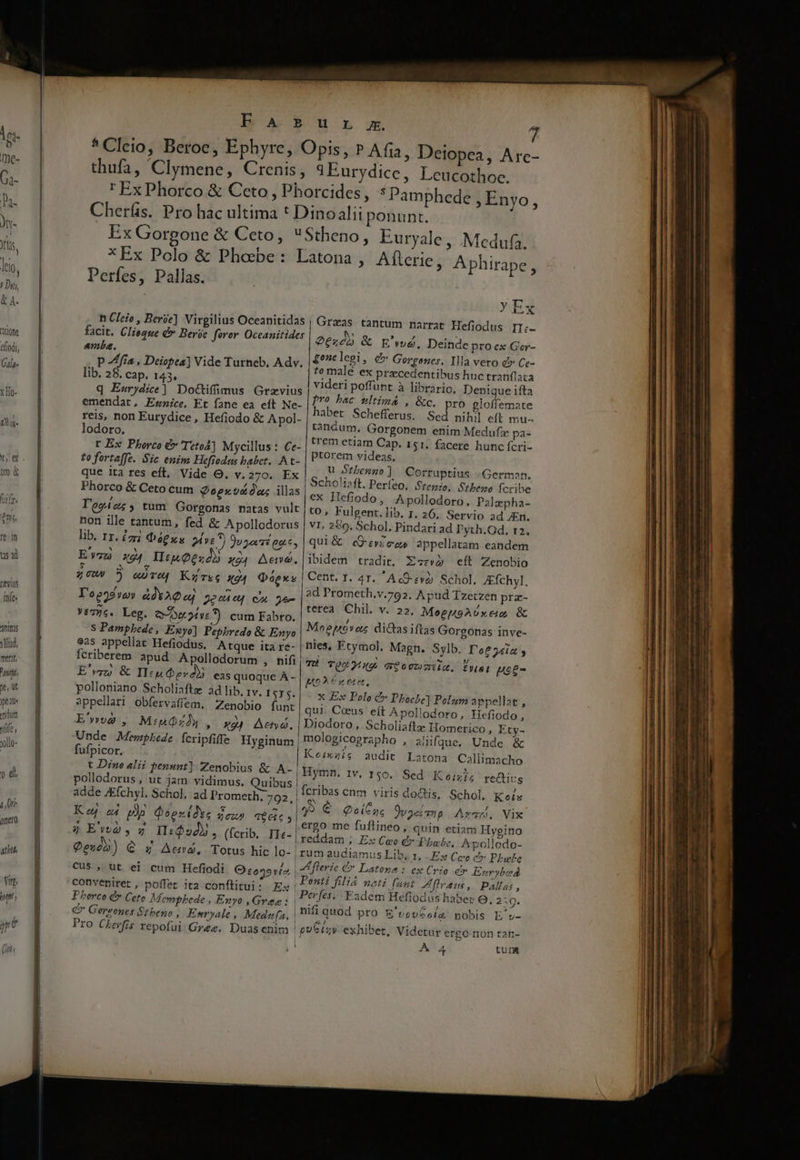 1p tne- G1- Ds. )n- Yin, lio, : Dii, &amp; 4. dte e(iodi, Gala» xHo- iau ns ad [2yiUS Ihfe« mitos TIlid, metit, (n jt, t Joe aU« idum *iife yollo- 9 d 4,0 (rtiet o athths Vin, ft; po li Jii 1 ir US - Uu L Jr. 7 Ex Gorgone &amp; Ceto,  Stheno, Euryale, Medufa. Perfes, Pallas. y Ex amba, lib. 28. cap. 143. ' P4 LI ui eez25 &amp; E'vw»wé, Deinde pro ex Gor- gonelegi, &amp;» Gorgones, Illa vero d» Ce- to malé ex precedentibus huc tranflata . reis, non Eurydice, Hefiodo &amp; A pol- lodoro. rt Ex Phorco &amp; Teto4] Mycillus: Ce- to fortaffe. Sic enim Hefiodas babet. A t- que ita res eft, Vide O. v.270. Ex Phorco &amp; Ceto cum Zoezv&amp;das illas T'ogi cus tum Gorgonas natas vult non ille tantum, fed &amp; Apollodorus lib, 1r. £z deus ive?) Jw 2ex'vé eatt , E'vyu x4 IleuQézoD »a4 Aen. 2 C0 3 &amp;U TU Kzrsg X94 Qápxs Te9d voy AdYAQ uq 2eeie cA e Y8725. Leg. Sore?) cum Fabro. S Pampbhede , Exyo] Pephredo &amp; Enyo 9aS appellat Hefiodus. Atque ita re- fcriberem apud Apollodorum , nifi E'z» &amp; II: evo eas quoque À - polloniano Scholiafte ad lib, rv, ISTS. appellari obfervaffem, Zenobio funt E'vv»vo , M:pndzds  x24 Aetyo. Unde Memphede fcripfiffe Hyginum | fufpicor. t Dino alii penunt] Zenobius &amp; A-| pollodorus, ut jam vidimus, Quibus | adde Afchyl. Schol, ad Prometh; 792. Ke £4 m Qoezidkc o cz 1661, 45 Ew4,75 II:Q»22 , (fcrib. IIe- | habet Schefferus.. Sed nihil eft mu- tancum, Gorgonem enim Medufz pa- trem etiam Cap. 151. facere hunc fcri- ptorem videas. u Stbenno] Corruptius «German, | Scholisft. Períeo, Stenio, Sthemo Ícribe ex Hefiodo, Apollodoro, Palapha- to, Fulgent.lib. r, 26. Servio ad En. VI, 259. Schol. Pindari ad Pyth.Od. r2. qui &amp; «ezeas appellatam eandem ibidem tradit, Zsz»à eft Zenobio Cent. r. 41. Ac ev) Schol, Afchyl, ad Prometh.v.792. Apud Tzetzen prz- terea Chil. v. 22, MeguoAóxe &amp; Moepóven dictas iftas Gorgonas inve- nies, Ftymol. Magn. Sylb. D'o£ 34in y Moe ete, X x Polo à» Phoche] Polum appellat , qui. Ceeus' eft Apollodoro, Hefiodo, Diodoro , Scholiafta: Homerico , Ety- mologicographo , aliifgue, Unde &amp; Ke:xzis audit Latona Callimacho Hymn. 1v, 150. Sed. K'oizi4 rethicg Ícribas enm viris do&amp;tis, Schol. Keix ergo me fuftineo, quin etiam Hygino Qeudd) Q X Aem. Totus hic lo- | Cus., ut ei cum Hefiodi O tono vi^. | conveniret, poffet ita conflitui: Ex Pherco év Cete Memnphede , Enyo , Gres: | €» Gereenes Stbeno , Esryale , Medufa, | Pro Cherfis repofui' Gres. Duasenim reddam ; Ex Cw d» Pbabe, pollodo- rum audiamus Lib, 1, Ex Cc c» Phefe A flerie &amp; Latona : ex Crio er Enrybed Ponti filiá noti fant fva, Pallas , Perfes.. E3dem Hefiodós haber 6. 2:9. nifi quod pro E'vpvcola nobis E v- pue sy exhibet, Videtur ergo ton tan- ; À 4 tum ara i Tr EE mra T —— 9 — — LL c -— - — duct ————— - d,