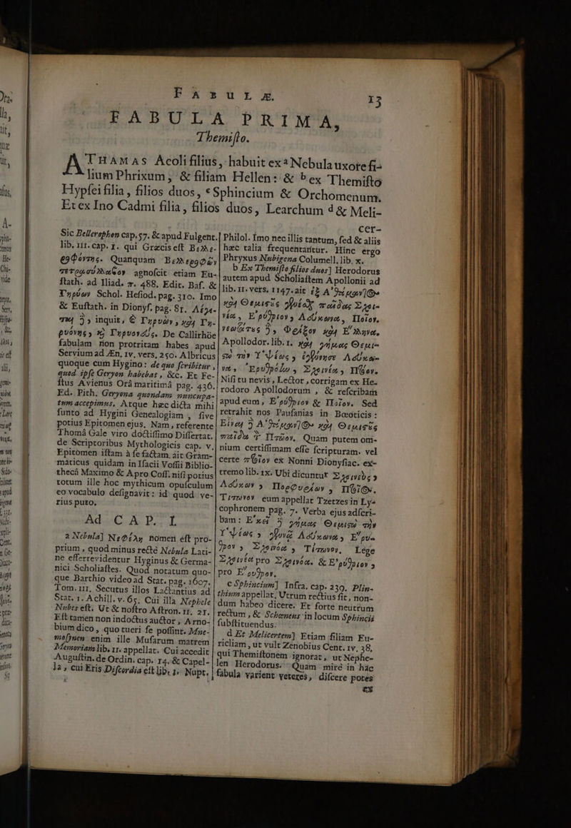 Veneta je rune info $ x r J | | FA surzz 13 FABULA PRIMA, d hemiflo. At HAMAS Acolifilius, habuit ex? Nebula uxore - lium Phrixum ; &amp; filiam Hellen: &amp; bex 'Themifto Hypfei filia, filios duos, * Sphincium &amp; Orchomenum. Et ex Ino Cadmi filia, filios duos ; Learchum 4 &amp; Meli- cer- Sic Bellerebhon cap.$7. &amp; apud F ulgent.] Philol. Ímo nec illis tantum, fed &amp; aliis lib. 1ii.cap.i. qui Gráciseft. Br e. | hzc talia frequentaritur. Hinc ergo , eum ^ | Phryxus NzPbisena Columell. lib. x. e9deym,. Quanquam Betipopéy b Ex Themifto ilios dnos] Herodorus TéTQg.gU2Nu 6e» agnofcit euam Fu-!jurem apud. Scholiaítem Apollonii ad ftath. rea pU Edit. Baf. &amp; | lib, rr. vers, 1147.ait 12 A'9x ray] Mong i ol. ARI Aio A «54 O tpisis Jfhotox modas X aot- &amp; T 2 *: den : pag. Sr. Afpe- Vía, E'pOOptoy j A d x ane, , IIoioy, 9M 3» E: Dopvov y agg TA S vagin y^ D e/£oy 494 Eye, pvovzes sc; YypvoycOs. De Callirhoe 'A gollodóg: Hbi TM ' a Oda. fabulam rion protritam habes apud P hf robin ege MPa a wol Servium ad JEn, 1v, vers, 240. Albricus| $9 az» Y Ene ? Efóruee Aog ae quoque cum Hygino: de qzo ftvibitar ,| yo,  Epv pol ; Zníz , Igov. quod. ipfe Gevyon babebat , &amp;c. Et Fe- ! Nifi tu nevis, Le&amp;or , corrigam ex He. itus Avienus Orá maritimá P3g- 436.! rodoro Apollodorum , &amp; refcribar Ed. Pith. nare bte n cad apud eum, E'pó9p 16v &amp; ILow. Sed (m accepi, Atque hee dicta mihi retrahit nos Paufanias in Boaeoticis : funto ad Hygini Genealogiam , five| zL4Wt ya s Y  potius Epitomen ejus, Nam, referente Etred 240 depen 794 Otpisss Thomá Gale viro do&amp;iffimo Differtat. | vzidw 3- Ilj5ov, Quam putem om- pium certiffimam effe fcripturam. vel de Scriptoribus Mythologicis cap. v, Epitomen iftam à fe factam. àit Gram- certe z ie» ex Nonni Dionyfiac. ex- tremo lib. 1x. Ubi dicantur z LITE ? maticus quidam in Tfacii Voffii Biblio- thecá Maximo &amp; A pro Coff. nifi potius 1 à rotum ille hoc mythicum opuículum | AóUxov 5 Ileegve£oy ,. IYG1Ov. €o vocabulo defignavit : id quod. ve-| T /2z/ve» eum appellat Tzetzes in Lys Fus. pusos cophronem P3. 7. Verba ejus adícri- Ad CAP. L sam: Eoxeb ) jjug; Opis) viv 2 Nebula] NeQ£As homer eft pro- » Vies : 2n A aus - den $15 . |2p9v 5. Exsenáín , Tiv, Lége prium , quod minus recté Nezz/z Lati- Te. As EE ENCION: ne efferrevidentur Hyginus &amp; Germa- AME: pro Zoo. &amp; E'gtfntov 5 nici Scholiafles. Quod notatum quo-|pro E ptOpor. que Barthio videoad Stat. pag.1607.| cSpbinrium] Infra. Cap. 230. Plig- Tom. ur, Secutus illos Lactantius ad thism appellat, Utrum rectius fit, non- Stat. 1. Achill. v. 65. Cui illa Nep5cle | dum habeo dicere. Ft forte neutrum Nubes eft. Ut &amp; noftro Aftron. ri. 2r. re&amp;um , &amp; Schbeness in locum Sphincii Eft tamen non indo&amp;us au&amp;or , A rno- : : : fubftituendus. bium dico, ;quo tueri fe poffint. Mze-| d g; Melicertem] Etiam filiam Fu- cliam, ut vult Zenobius Cent. Iv, 38, ui Themiftonem ignoraz, ut Nephe- en Herodorus. Quam miré in hac fabula varient Veteres, difcere pores &amp;$