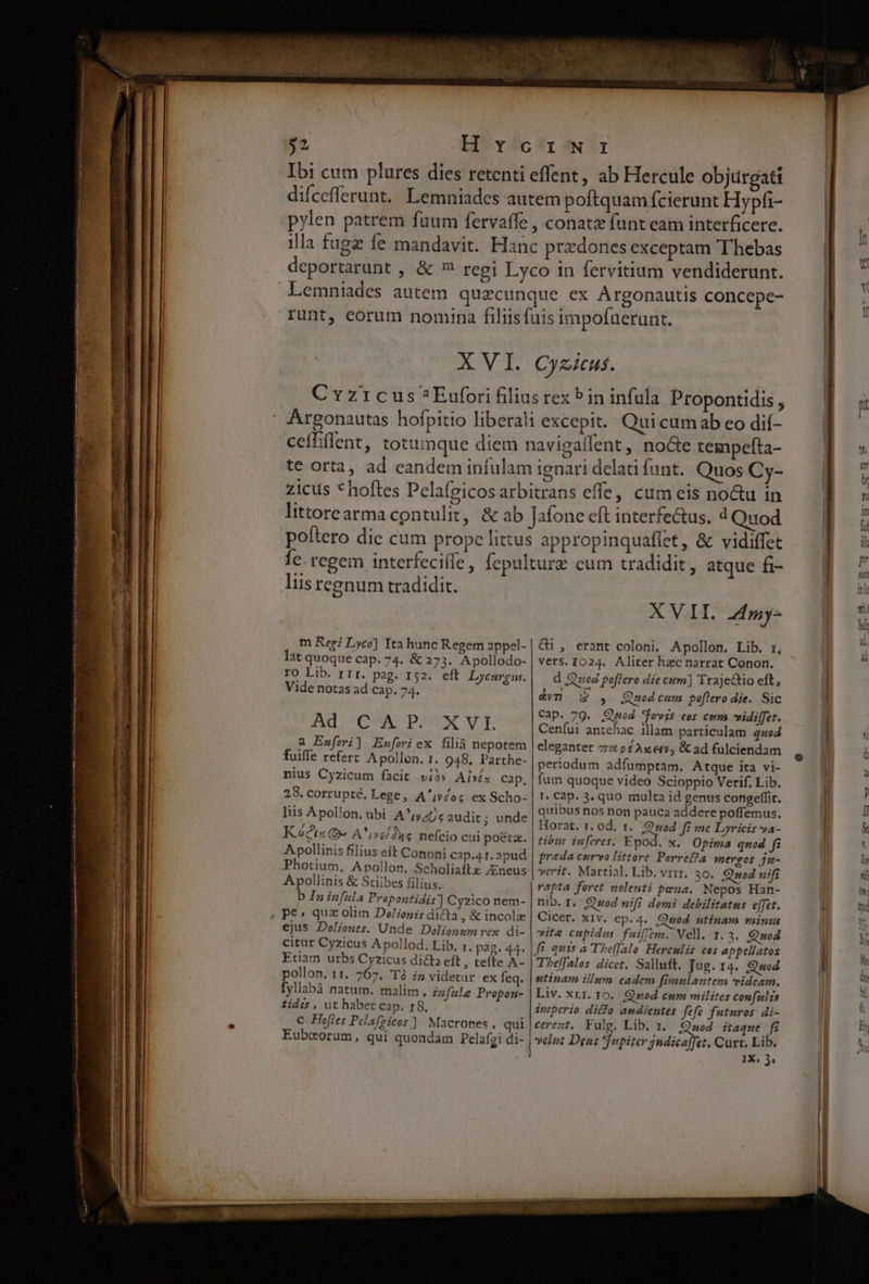 $2 H Y c'rWN f Ibi cum plures dies retenti effent, ab Hercule objürgati difcefferunt. Lemniades autem poftquam fcierunt Hypfi- pylen patrem fuum fervaffe , conatz funt eam interficere. illa fugz fe mandavit. Hanc przdones exceptam Thebas deportarunt , &amp; m regi Lyco 1n fervitium vendiderunt. Lemniades autem quacunque ex Argonautis concepe- runt, corum nomina filiisfuis impofaerunt. BV T Cyzicus. C vz1cus *Eufori filius rex P in infuía Propontidis , Argonautas hofpitio liberali excepit. Qui cumab eo dií- cefliffent, totumque diem navigaffent , nocte tempefta- te orta, ad eandem infulam ienari delati funt. Quos Cy- zicus * hoftes Pelafeicosarbitrans effe, cum eis no&amp;u in littorearma contulit, &amp; ab Jafone eft interfectus. 4 Quod poítero dic cum prope littus appropinquaflet, &amp; vidiffet fe. regem interfecife , Íepulturz eum tradidit, atque £i- liis regnum tradidit. XVII. Zmy- m Reg? Lyco] Ita hunc Regem appel- | Gi , erant coloni. Apollon. Lib. r, lat quoque cap. 74. &amp; 273. Apollodo- | vers. 1024. Aliter hzc narrat Conon. ro Lib. rrr. pag. 152. eít Lycargus. d Quod poflero die cum) Trajectio eft, Vide notas ad Cap. 74. en 3 » Quodcum poflero die. Sic VRCORAC AE ec pe oe Lenz particulam quo a Eufmi] Enfoiex filià nepotem eleganter zz 5£Axcety, &amp; ad fulciendam fuiffe refert Apollon. r. 948. Parthe- periodum adfumptam. Atque ita vi- nius Cyzicum facit. vihv Alvés cap, fum quoque video Scioppio Verif, Lib. 28. corrupté, Lege, A'i£oz ex Scho- | t- Cap. 3. quo multa IIT PLE  Ys E rA : quibus nos non pauca addere poffemus. S RM MAT -. tdos audit ; vnde Horat. r. od. t. E f iie Lyricis va- Kéctx 9» A' ec nefcio cui poeta. | tibus in[eres; Fpod. x. Opima quod. fi Apollinis filius eft Cononi Cap.4 r. apud | preda curvo littore. Porret?a mergos ju- Photium, Apollon, Scholiaítx JEneus | verit. Martial. Lib. VIII. 30. Quod wifi Apollinis &amp; Stiibes filius, rapta foret nolenti pena. Nepos Han- b In infula Propontidis] Cyzico nem- | nib. 1, Qd nifi domi debilitatus effet. pe» quz olim Dolionis dita , &amp; incola | Cicer. xiv. €p.4. Qmod utinam minus ejus Doliones. Unde Dolionum vex. di- | vite cupidus fauiftm. Vel. z.3. mod citur Cyzicus Apollod. Lib. 1. pag.44. |f quis a Theffalo Herculis eos appellatos pollon. 11. 767. 'Tà ip videtar ex feq. | utinam illum eadem fimulantem videam. fyllabá natum. malim, nfule Propon- | Liv. xy1. 10. Quod cum milites confzulzs tidis , ut habet cap. r8. imperio ditfo amdientes fefe futuros di- C Hofies Pelafzicos] Macrones, qui |cerezt. Fulg. Lib. 1. Q»wod itaque fi Eubcorum, qui quondam Pelafgi di- | veloz Deas sfupiter jndicafen Curt, Lib. i 1X. 3, Do ——— ——