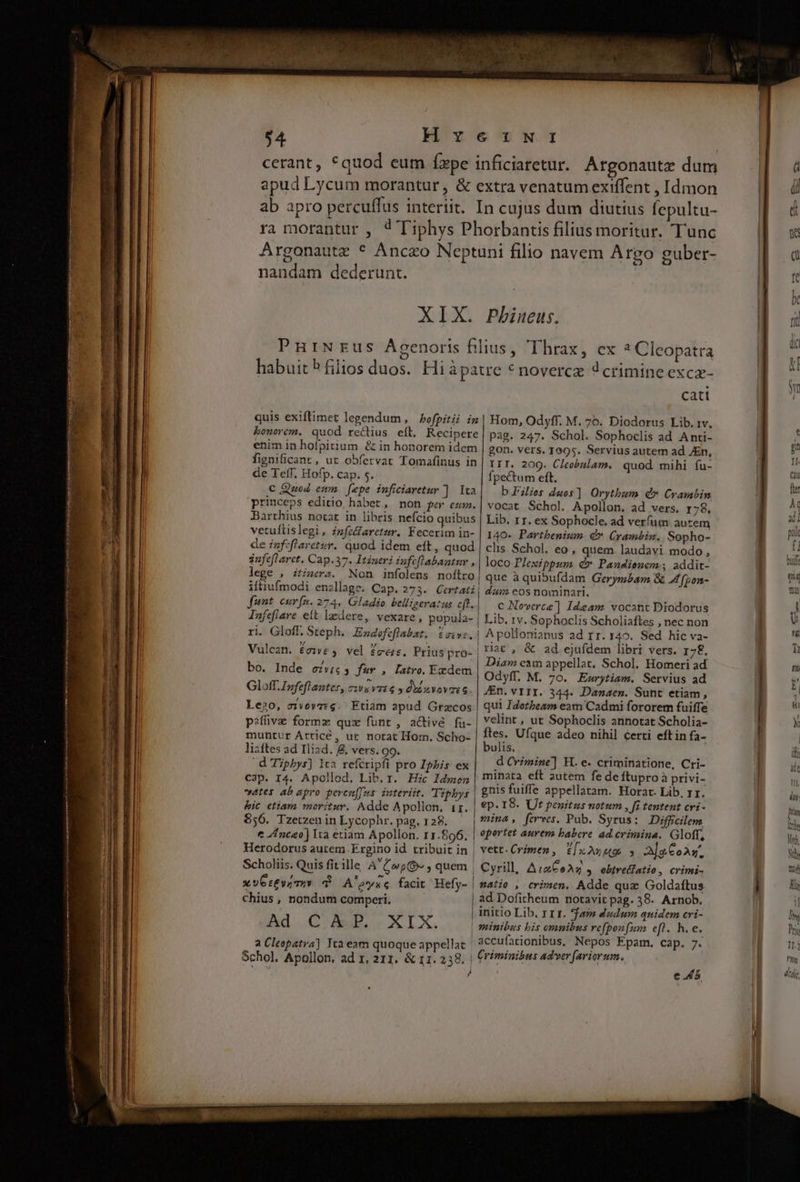 ae ERE RR. ab apro percuffus interiit. I ra morantur , 4 Tiphys Ph n cujus dum diutius fepultu- orbantis filius moritur. Tunc nandam dederunt. XIX. Phineus. quis exiftimet legendum, bofpitii in bonorem. quod rectius eft, Recipere enim in hofpitium &amp; in honorem idem fignificant, ut obfervat Tomafinus in de Telf, Hofp. cap. s. C Quod emm. [epe inficiaretur ] Ita princeps editio habet, mon per ezm. Barthius notat in libris nefcio quibus vetuftislegi, nfe&amp;aretzr, Fecerim in- de iafeflaretur. quod idem eft, quod sufefl aret. Cap. 37. Itineri iufcflabautur , lege , itimera. Non infolens noftro | iftiufmodi enallage. Cap. 273. Certati, funt curfn. 274. Gladio belligeratus cft. Infeflave ett lacdere, vexare, popula- ri. Gloff. Steph. E»defcflabat, tcivi. u D '. Vulcan. ée1v6 5. vel £ceze. Prius pro- | bo. Inde ezvwic5 fur , latro. Ex dem Gloff. Ipfeflanter, cive vze q y dd evavaso. Le20, civoyzeg. Ftiam apud Grzcos piffiva formz quz funt, acivé fu- muntur Arricé, ur notat Hom. Scho- lizftes ad Iliad. , vers. 99. d'T?pbys) ita refcripfi pro Ipbis ex Cap. I4. Apollod. Lib. r. Hic Idwon tes ab apro peren[Jns. interiit. Tiphys bic etiam moritur. Adde Apollon, i11. 856. Tzetzen in Lycophr. pag. r28. &amp; Inca) Ita etiam Apollon. 11.896. Herodorus autem .Ergino id. tribuit in | Scholiis. Quis fit ille A' Cup , quem | x vtt vr Tuy T A'eyxc facit Hefy- chius, nondum comperi. cati Hom, Odyff. M. 76. Diodorus Lib. tv. pag. 247. Schol. Sophoclis ad Anti- gon. vers, 1095. Servius autem ad JEn, IIT. 209. Cleobnlam. quod mihi íu- fpectum eft. b Filies duos]. Orytbum. Q* Crambin vocat Schol. Apollon. ad vers. r78, Lib. rr. ex Sophocle. ad verfum autem 140- Partbenium. d Crambin, Sopho- clis Schol. eo, quem laudavi modo, loco Plexippum. c* Pandienem.; addit- que à quibufdam Gerymbam 8 A fpon- dam eos nominari. C Noverte] Ideam vocant Diodorus Lib, 1v. Sophoclis Scholiaftes , nec non A pollonmianus ad rr. 140. Sed hic va- riat , &amp; ad ejufdem libri vers. r7£. Diam eam appellat, Schol. Homeri ad Odyff. M. 7o. Ewrytiam. Servius ad 4En. vIII. 344. DDanaen. Sunt etiam, qui Idotheam eam Cadmi fororem fuiffe velint , ut Sophoclis annotat Scholia- fles. Ufque adeo nihil €erti eftin fa- bulis. d Crimine] H. e. criminatione, Cri- minata eft autem fe de ftupro à privi- gnis fuiffe appellatam. Horar. Lib, rr. ep. I8. Ut penitus notum , Jf tentent cvi - mina, ferves. Pub. Syrus: Difficilem. opertet aurem babere ad. crimina. Gloff, vett. Crimen , [x Ax o 3 Aja. CoAx,, Cyrill, Aie ez , ebtveifatio, crimi- atio , crimen. Adde quz Goldaftus ad Dofitheum notavit pag. 38. Arnob. Bs ON XIX. VM minibus bis omnibus refponfum eft. h. e. r] e.45 «