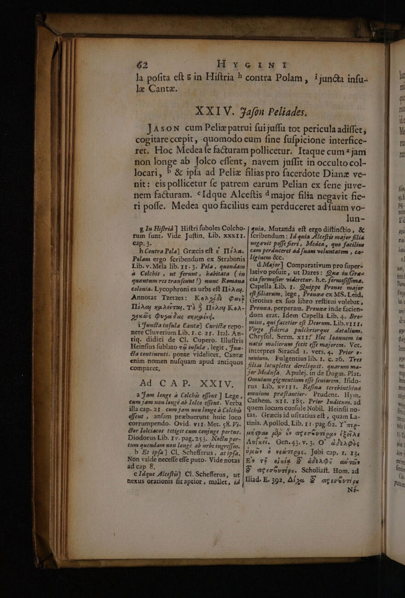 —ÓÓ— lz Canta. g In Hiftvi4] Hiftri fuboles Colcho- fum funr. Vide Juftin, Lib. xxxrr. Cap. 3. piss h Contra Pola] Grzciseft ; IIoAa. Polam ergo fcribendum ex Strabonis Lib. v. Mela lib. rr. 3. Pola, quondam &amp; Colchis , ut ferunt, habitata (in quantum ves tranfeunt!) nunc Romana colonia. Lycophroni ea urbs eft II2A e. Annotat Tzetzes: KoA»5/0 Qa IlóAe sg.A€6124. T2 5) IIoAct KoA- ms Quyado; musid. i fun&amp;ainfule Cante] Curitte repo- nere Cluverium Lib. 1. c. 2r. Ital. An- tiq. didici de Cl. Cupero. Illuftris Heinfius fublato «à infule , legit , 3ua- &amp;a continenti. ponte videlicet, Canta enim nomen nufquam apud antiquos comparet, Auo0 A-I UN EIWM a jam lenge à Colchis effeut ] Lege, €um 7am non lengé ab Iolco effent. Verba illacap. 21. cmm jam nen longe à Colchis effent , anfam prabuerunt huic loco corrumpendo. Ovid. vir. Met. 58. V;- Cer Iolciacos tetigit cum conjuge portus. Diodorus Lib. rv. pag. 253. No&amp;z por- tum quendam non longe ab urbe ingrc[fus. b Et ipfa] Cl. Schefferus, ar;pfa. Non valde neceffe effe puto. Vide notas ad cap. 8, C Idque Alcefizs] Cl. Schefferus, ut nexus orationis fit aptior, mallet, i4 lun- ge. Mutarida eft ergo diftin&amp;tio, &amp; cribendum : IZ quia AIceftis major filiu negavit poffe fieri, Medea, quo facilius eam perduceret ad fuam voluntatem , ca- liginem &amp;c. d Major] Compatativum pro fuper- lativo pofuit, ut Dares: se in Gre cia formofior videretur. h.e. formofiffima. Capella.Lib. r. Qwippe Proneé major eft filiarum. lege, Pronze ex MS.Leid, Grotius ex fuo libro reftitui volebat , Pronva, perperam. Pronce inde facien- dum erat. Idem Capella Lib. 4. Bro- mius , qui facetior eft Deorum. Lib.v11f. Virgo fiderea pulchriorque | dotalium. Chryfol. Serm. xrr£ Hec Ioannem im natis mulierum fecit effe majorem. Vet. interpres Siracid 1. vers. 4. Prior o- wnism. Fulgentiuslib. I. c. 26. Tres filiss locupletes dereliquit. quavum ma- Jor Medz[a, Apulej. 1n de Dogm. Plat; Omnium eig nentiu effe fzniorem. Yfido- rus Lib, xvIII. Refima terebintbina emuimm pre[lantier. Prudent. Hym. Cathem. xit. 18$. Prier Indicum.ad quem locum confule Nobil. Heinfii no- tas. Grzcis id ufitatius eft ; quam La- dinis. Apollod, Lib. r1. pag.62. Y'z:g- Li Ni 5. &amp; p pow t9 sy aere vTE uy é£etAs Av[xe&amp;. Qen.43. v. 3. O' a d AQos 0p o ved egg. Jobi cap. r. I3 E» 73 eixi&amp; S ZAAQG ava» S aeecGyqips. Scholiaft, Hom, ad Iliad. E. 392, Aí 2e € agseGvTé ge NÉ- I — » m——