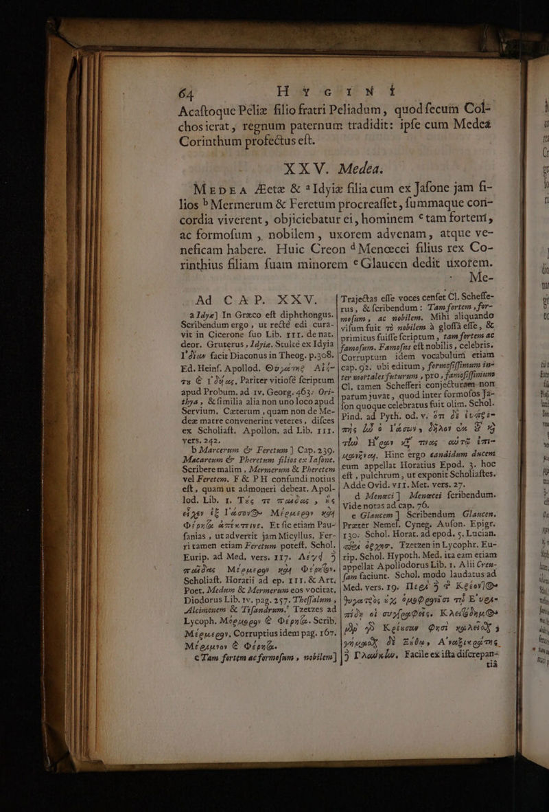 Acaftoque Peliz filio fratri Peliadum, quod fecum Col- chosierat, regnum paternum tradidit: ipfe cum Mede4 Corinthum profectus eft. XXV. Medea. MEDEA ZEctx &amp; *Idyiz filiacum ex Jafone jam fi- lios » Mermerum &amp; Ferctum procreaflet , fummaque cori- cordia viverent , objiciebatur ei, hominem *tam forte, ac formofum , nobilem , uxorem advenam, atque ve- neficam habere. Huic Creon 4 Menoecei filius rex Co- rinthius filiam fuam minorem * Glaucen dedit uxorem. Me- Ado CiN PX OON. Traje&amp;tas effe voces cenfet Cl, Scheffe- rus, &amp; fcribendum : Tam fortem , for- crie eie e sid Eva ge Mm mo[um , E mobilem, Mihi dura EEUU Duceronedfuno Lib. gr Mie Had vilum fuit 7 nobilem à gloffà effe, óc deor. Gruterus , Jdyie sail Idyia primitus fuiffe fcriptum , tam fortem ac N. CES NUS S. 2 a famofum. Famo[us eft nobilis , celebris. l'dio» facit Diaconus in Theog. p.308. | Corzuptum idem vocabulum etiam Ed. Heinf. Apollod. €2;2z7»&amp; Aij-|cap.g2. ubi editum, formefrffimum su- 2 € 1 Iv os, Patiter vitiofé fcriptum |*er worzales futurs » adii eDe o conta apud Probum. ad 1v. Georg. 463; Ori- Cl. tamen hdd curs es dom zbya , &amp; fimilia alia non uno loco apud patumjuvát, quod inter formolos Ja , fon quoque celebratus fuit olim. Schol. Servium, Caterum , quam non de Me- d 3 T Ld * - dez matre convenerint veteres, difces Pind. ad Pyth. od. v: 9m 2$ iuge: ex Scholiaft. Apollon. ad Lib. rir. | 7726 hd à Yácwy, djaoy cx E 72] Yers. 242. PET 4T oq jet. b Marcerum c Feretum ] Cap. 239. - , id s x A j uguzvej. Hunc ergo eandidum dacena Macaresm d» Pheretum. filios ex Iafone. : Scribere malim , Mermeram &amp; Pheretem |€um. appellat Horatius Epod. 3. hoc eft , pulchrum , ut exponit Scholiaftes. vel Ferete, F &amp; P H. confundi notius À eft, quami ut admoneri debeat, Apol- Adde Ovid. vr1. Met. ves. 27. lod. Lib. 1. Té£e c ves » d Menmci] Menecei fcribendum. g Tyre (00 7? 4^ | Videnotas ad cap. 76. M oa tod Mtemteov «04| e puel Scribendum Glazcen. pns dctxTrivE. Et fic etiarn Pau- | Przter Nemef, Cyneg. Aufon. Epigr. fanias , utadvertit jam Micyllus, Fer- | r30« Schol. Horat. ad epod. s. Lucian. ritamen etiam Ferezum. poteft. Schol. | ze, oexxc. Tzetzenin Lycophr. Eu- Eurip. ad Med. vers. 117. Aé£z4 ? |rip. Schol. Hypoth. Med, ita eam etiam eruidws Méfeusgo» sg4 Depy v. | appellat Apollodorus Lib. r. Alii Cren- Scholiaft. Horacii $i Ud rr, &amp; Art, | fam faciunt. Schol. modo laudatus ad Poet. Med» &amp; Mermeruns eos vocitat, Med. vers. 19; ilega 5 $ Ketov] Ov» Diodorus Lib, tv. pag. 257. TbefJalum , | 9v T6056 526 P Qegyi az qi E'vea- Alcimenem. &amp; Tifandrum.' Tzetzes ad E 2 ai Beru K NT. has Lycoph. Mée;egg: € béps(e.Scrib. | o. e oL ue ee Hi Méemeggv. Corruptius idem pag. 167. py y» er RA Qum xuAnA 3 M£ eaurvov € pz. 3/1 guo D Eso, A vez iv og. TG C Tam fertem ac formefam , mobilem] 3 D'Aadnlw. Facile ex ifta difcrepan- tiá