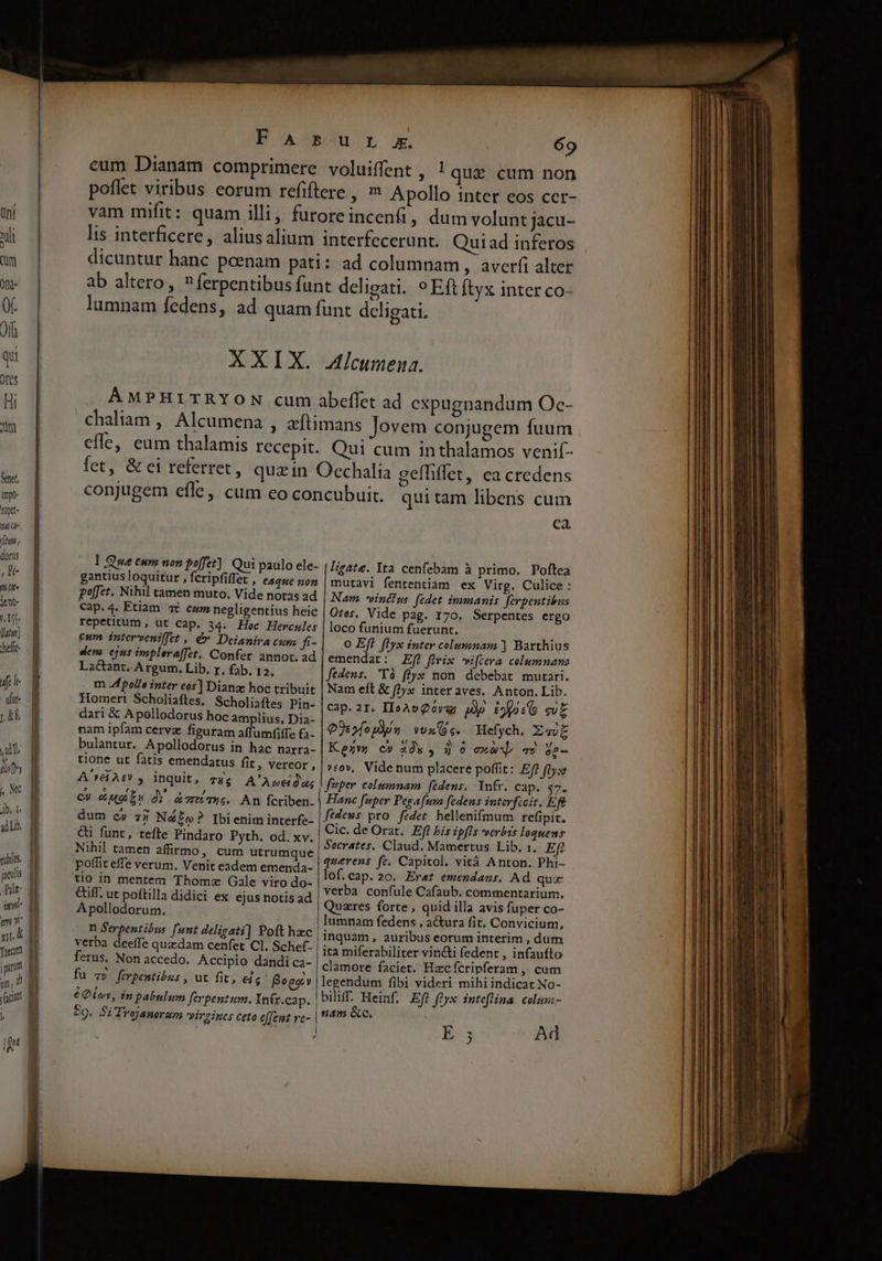 Sene, impo- Toet- nate itn ; dorus , le n (tte leno- Iss latur] Any ,N jb n ido. Fas eum Dianam comprimere vam mifit: quam illi, u L JE. voluiffent , 69 1 qua cum non 7^ Apollo inter eos cer- dicuntur hanc poenam pati lumnam fedens, XXIX. : ad columnam, averíi alter 9 Eft ftyx inter co- Alcumena. chaliam , Alcumena , effe, eum thalamis recepit. fet, Qui cum inthalamos venif- l ue eum non poffet]. Qui paulo ele- gantius loquitur , fcripfiffer , eaque non poffet. Nihil tamen muto. Vide notas ad Cap. 4. Etiam 76 cum negligentius heic repetitum, ut Cap. 34. Hoc Hercules eum intervenilfet , &amp;* Deianira cum fi- dem. ejus impleraffet. Confer annot. ad Lactant. Argum. Lib. r. fab, 12. m Jfpolle inter eos] Dianz: hoc tribuit Homeri Scholiaftes, Scholiaftes Pin- dari &amp; Apollodorus hoc amplius, Dia- nam ipfam cervz figuram affumfiffe £à- bulantur, Apollodorus in hac narra- tione ut fatis emendatus fit, vereor, A^ x&amp;At» , inquit, 786. A'Aocidas Cc» &amp;udii» dY àwmwue. An fcriben. dum c» 73 N4£o? Ibienim interfe- &amp;i funt, tefte Pindaro Pyth. od. xv. Nihil tamen affirmo, cum utrumque poffit effe verum, Venit eadem emenda- tio in mentem Thomz Gale viro do- &amp;iff. ut poftilla didici ex ejus notis ad Apollodorum. n Serpentibus. funt deligati] Poft hzc verba deeffe quzdam cenfet Cl. Schef- ferus. Non accedo. Accipio dandi ca- fu «v firpentibus , ut fit, PR Boga:v E ,  € Qtr, in pabulum ferpentum. Infr.cap. £9, Si Trojanorum virgines ceto effent vc- | ca, ligate. ta cenfebam à primo, Poftea mutavi fententiam ex Virg. Culice: Nam vinius fedet immanis: ferpentibus Otes, Vide pag. 170. Serpentes ergo loco funium fuerunt. o Eft [lyx inter columnam ] Barthius emendat: Ef? fivix wiftera columnanz fedens. 'Tà flyz non debebat mutari. Nam eft &amp; (?yx interaves. Anton. Lib. cap.2r. IloAvQovas jdp i5yos6 cvE QUuofondw vox s. Hefych. Z«E K ezvy c» PP) , DEP exa 4 »£ov, Vide num placere poffit: Ef? fly; fuper. colmnnam. (edens. Ynfr. cap. $7. Hanc fuper Pegafum fedens interfceit. Eft ftdews pro fedet hellenifmum refipit. Cic. de Orat. Eft bis ipfis verbis loquens Socrates. Claud. Mamertus Lib. 1, Ef querens fe. Capitol. vità Anton. Phi- lof.cap.20. Erat emendans. Ad quz verba confule Cafaub. commentarium. Quzres forte, quid illa avis fuper co- lumnam fedens , a&amp;ura fit. Convicium, inquam, auribus eorum interim , dum ita miferabiliter vincti fedent , infaufto clamore faciet. Hzcfícripferam ,. cum legendum fibi videri mihi indicat No- biliff. Heinf, Ef) flyx inteflima colum- nam &amp;c. ; Ad E; JU do