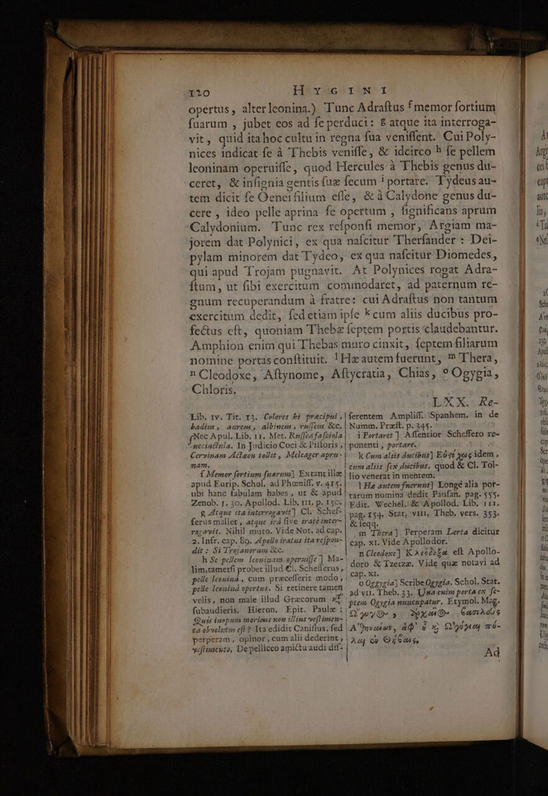 Sgen ce stg Pay en  DES EM aa ^ ^ CREDE RU IEEER 3 ZR 120 HAYuG TUN I opertus , alterleonina.) Tunc Adraftus * memor fortium fuarum , jubet eos ad fe perduci: 8 atque ita interroga- vit, quid itahoc cultu in regna fua veniffent. Cui Poly- À nices indicat fe à 'Thebis veniffe, &amp; idcirco h^ fe pellem Agi leoninam operuiffe, quod Hercules à Thebis genus du- ei ceret, &amp;infignia gentis fuz fecum ! portare. Tydeus au- ap tem dicit fe Oeneifilium efle, &amp;àCalydone genusdu- — B at cere , ideo pelle aprina fe opertum , figaificans aprum — f li Calydonium. Tunc rex refponfi memor, Argiam ma- — qj [i jorem dat Polyniei, ex qua nafcitur Therfander : Dei- — 8 'X pylam minorem dat Tydeo, exqua nafátur Diomedes, HW qui apud Trojam pugnavit. At Polynices rogat Adra- ftum, ut fibi exercitum commodaret, ad paternum re- enum recuperandum à fratre: cut Adraftus non tantum li i exercitum dedit, fed etiam ipfe Kcum aliis ducibus pro-— B i; fectus cft, quoniam Thebz feptem portisclaudebantur. — M e Amphion enim qui Thebas muro cinxit, feptem filiarum $7 nomine portasconftituit. ! Ha autem fuerunt, ? Thera, ? Cleodoxe, Aftynome, Aítycratia, Chias, 9Ogygia, QW Chloris. a T7 » r IB * X. Re- | Y! Lib. iv. Tit, 13. Celeres bi precipsi,|ferentem Ampliff. Spanhem. in de 1d badius, aurens, albineus , vuffeus &amp;c. | Numm. Prat. p. 345. d Nec A pul. Lib, 11. Met. Reffeafafciola |. 1 Portaret '] Affentior Scheffero re- fil -sccintirla, In Judicio Coci &amp; Prítoris , | ponenti , portare. n Cervinam Aclaon tollit , Meleager apra- | — k Cum altis ducibus) Eóc? quc idem, S né : eum aliis fex ducibus. quod &amp; Cl. Tol- ope f Memor fortium fnartsm|] Extantilla | |o venerat in mentem. di, agus Eosp. dO ad Phoeniff. v. 41  l He autem faerznt] Longé alia pot- m ubi hanc fabulam habes figi &amp; apud | tarum nomina dedit Paufan. pag. 555. | L Zenob. 1. 30. Apollod. Lib, rrt. P. 150-| Edir. Wechel.:&amp; Apollod. Lib. 111. V g tque ita interrogavit ] Cl, Sche£- pag. 54. Stat, virt, Theb. vers. 353. » ferus mallet , a244e iz4 five iratéinter- | g eqq. ler rogavit. Nihil muto. Vide Not. adCap.| ^m T5eya]. Perperam Lerta dicitur Ij 2. Infr. cap. 89. pollo iratus ita re[pou- | cas. «t. Vide Apollodor jt leo Od TTL noH tenere DRE. OPERE i Y m dit : $i Tenia SR eoCc. N- n Cleodoxc | KA TT eft A pollo- m h Sc pellem lconigam.operzie | Ma-| dix me e Vid ARD à lim,cametfi probet illad €1. Schefferus , hy uua zcxees eee Dv du, M YU L 3 e ^ P. 4 lh pelle leoniaa , cum pracefferit modo , | ; vaa s 3 LS T la À dig ! ygia) S j . Stat. pelle leoniná opertus. Si retineretamen | e 055514) Scribe Qgygia. Scho m l rcd y. ad vn. Theb. 33. Uma enin porta ex fe- ji Aem o ete kong egeo (S ptem Ogygia nuucupatar, Etymol.Mag. Wi ubaudieris, Hieron. Epit. Paule : |», , t Em ^. 1 | ws T. : | Q2 A89» 6amAcós Wo] O utis inopmm moriens mos illins veflHimew- | QvyQv s ?PXe(C m m * 4 iy V | 3 ' V CX RENS Qe? , / q  £a obvolutus efl ?- Tta edidit Canifius. fed | A nveuav, a s s; $1999 7m0-— | m perperam, opinor , cum alii dederint , | Aa c» 6a, . | U di NEL vtiueu:o, Depelliceo amictu audi dif- Ad