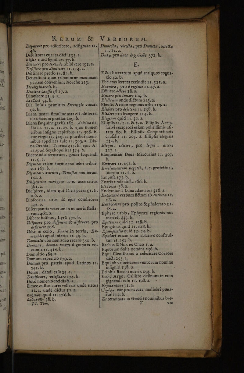 Tiv inq. )ittt- RERnuw &amp; Depntare pro ádícribere , adfignate 11. Defultores cur ita diti r3 3. a. Aépptc quid fignificet 37. b. Detexere pxo texendo abíolvere 191.2. | J?dfifiere pro dimittore X1. 114. 2. Deftinare pretio 1 1. 87. b. Deucalioni qua tribuuntur maximam partem conveniunt Noacho 223. Devirginare 6. b, Dextera cauffa cft 17. a. Dinofcere 11. 3. a. AuaCons $4. b. Dia Infula primitus Strozgjle vocata 92. b. Diana matri fimul uz nata eft obftetti- cis officium przftat 309. b. Diana fanguine gavifa 1&amp;0. fricina di- &amp;a 11. 21.2. 11. 27, b. ejus numen tribus infigne capitibus 11. 368. b. cur virgo 11, 209. a. pluribus nomi- nibus appellata tuit 11. 369, a. Dia- naOrthia, Taurica315. b. ejus A- ra apud Scythopolitas 314. b. Dicere ad alterutrum , geuss loquendi 11.9.2. Dignitas ctiam forma muliebri tribui- tur 167. b. Dignitas virorum j Venzflas mulierum I40. 3. Diligentius navigare i. e. accuratius 361. a. Diefpiter , idem qui Ditis pater 9r. b. 1C6. a. Diofcorias urbs &amp; ejus conditores 3334 bi Diícrepantia veterum in numeris ftella- rum 460. a; Difcere fidibus, Lyrá 370. b. Difpuere pro. defpuere &amp; diftritre pro de(iruerc i08. Dire in colo, Farie in terris, Ez- menides apud inferos 11. 39. b. Domicilii vox non adeo recens 350. b. Domuns, domna etiam dignitatis vo- cabula t1. 3 14. b. Domuitio 185. a. Domum repetito 179. 3: Domus pro patria apud Latinos ir; 241. b. Domo, dandi cafu 24.2. : Denificare , 'votifitare 174: b. Doro nomen Nereidis 6. a, Draco cuítos aurei velleris unde natus 12.3. unde dictus r2. 2. &amp;ejpjuv quid 11; 178, b, &amp;pioT (O- 38. b. 11. Tem, VERBORUM. Dumetfa , vire&amp;Za , pro Dumeta ,virctla 11. 12.2. Duo ,:pxo deos dpytukdt 372. b. E. E&amp;ilitterarum apud antiquos cogna- tio 42; b. Ebtietas fecreta recludit 11. 32 1. a. E contra , pro é regione 11. 47. a. Effluere ac;vé 28. à. Ejíicere pro lnxare 104. b. Elctfrum unde dictum 223.2; Eleufis A tticz regionis urbs 219. a; Elidere pto dejicere 11, 158. b; Elidere pro frangere 104. b. Elogizz quid 11. 30. a. : Ellpíis11, 1.2. &amp; $. a. Ellipfis A cea fativi reciproci eriam politiffimis uft- tata 60. b. Ellipfis Conjunctionis caufalis 11, 204. a. Ellipfis elegaus 124. b Eloqui, edicere, pro lequi , dicere 227.3. Eloquentig Deus Mercurius r1; 307: Emirari 11. 251. b. Emolusuentzum. negotii , i, e. profe&amp;tus ; lucrum r1. f. b. Empufa 173. b. Enaria unde dicta 186. b. E'yduua 38. a. Endymion à Luna adamatus 318. a. Entbecárc verbum fi£tum ab entbeca 114 18.2. Entbecatts pro. polito &amp; phalerato 1r. 18.2. Ephyre urbis, Ephyrza ftegionis nos men elt 33 3. b. Epitritus quid 11. 128. B. Epogdous quid r£, 128. b. Epéempbalia quid 11. 74. b. Epulari etiam cum ablativo conftrui- tur 11, 242. b. Erebus &amp; Nox ex Chao 1. a; Eqiorum Solis nomina 256. b. Equi Cleofthenis à celeritate Coraces di&amp;i 25 3. a. Equi ob velocitatem ventorum nomine infigniti 138. a. Eriphia Bacchinutrixz54. b. — Ero, Argo, Callifto definunt in ss irt gignendi cafu r1. 108. a; Erymantbus 71.2; idu b'adex curprohatura muliebri pona« tut 114. b. Es terminaca in Grscis nominibus bré« T via