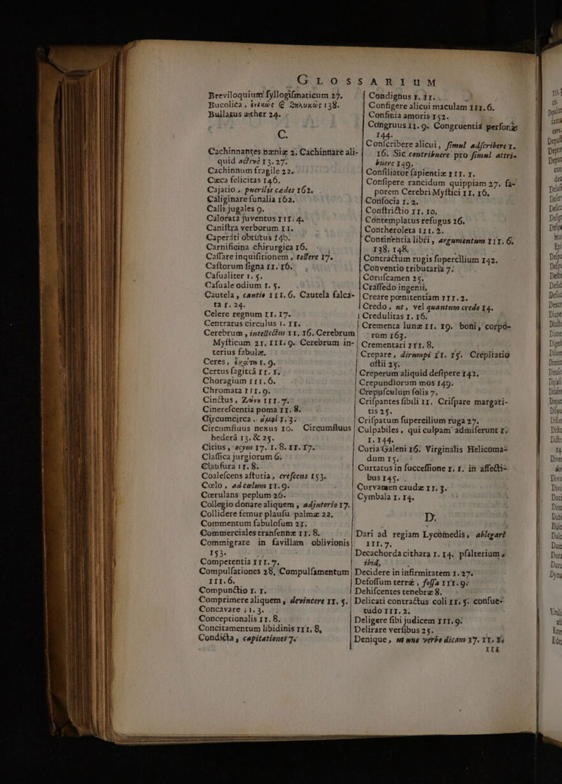 Breviloquium fyllogifmaticum 27. Bucolica ] eut C SMAUXOC 138. Bulla&amp;us a:ther 24. C. quid adve t 3. 27. Cachinnum fragile 22. Czca felicitas 146. Cajatio ,. puerilis cedes 162. Caliginare funalia 162, Calli jugales 9. Caloratà juventus I 1T. 4. Caniftra verborum r1. Caperiti obtütus 140. Carnificina chirurgica 16... . Caffare inquifitionem , tofere 17. Caítorum figna r1. 16. Cafualiter 1. s. Cafuale odium r. $. tà f. 24. Celere regnum II. I7. Centratus circulus 1r. IT. Condignus Rr ; Configere alicui maculam 111.6. Confinia amoris 152. Coangruus 11. 9. Congruentid perforig 144. Conícriberealicui, fim»! adferibere x. I6. Sic contribuere pro fimul. attri buevc 149. Confiliator fapientiz y rr. x. Confipere rancidum quippiam 27. fa-' porem Cerebri Myflici 11. 16. Coníocia r. 2. Conftrictio rr. ro. Contemplatus refugus 26. Contheroleta 111. 2. Contirientia lib£l , argumentum 111. 6. ENTE PHP ME Contractum rugis fupercilium 142. Conventio tributaria 7. Corufcamen 25. Craffedo ingenii. Creare poenitentiam TII.2. Credo , st, vel quantum credo 14. rum 163. terius fabula. Ceres, éyamh t. 9. Certus fagitcá I r. x. Choragium rrr. 6. Chromata I71.9. Cinctus, Zov» 111.7. Cinerefcentia poma rr. 8. Gircumcitca .. &amp;ugí T. 3. oftii 25. tis 25. hederá 13. &amp; 25. Citius , ocyus 17. 1. 8. IT. I7. Claffica jurgiorum 6. Clanfura ir. 8; Coalefcens aftutia, crefcens 153. Colo, adcelum r1.9. Corrulans peplum 26. Collegio donare aliquem , adjatorio 17. Collidere femur plaufu palmae 22. Commentum fabulofum 2r. Commerciales tranfennz 11. 8. Cormigrare in favillam oblivionis 153. ; ub Gba ciedtls III.7. I. I44. dumis; ^ bus 145. D. III,.7. ibtd, III.Ó. Compuncio r. r. | Concavare i 1. 3. Conceptionalis 11. 8. Concitamentum libidinis Ty T, 8, Condicta , capitationet 7« tudo III. 2. Xrk yn: 05 poat fmi [144 Depal Dept? Dept! con de paul Deler t2 t2 t2 02 62 65 - [1 -1 £- t— [2] E 2 EU CEU E S 45 r ET DS Ce E -. -