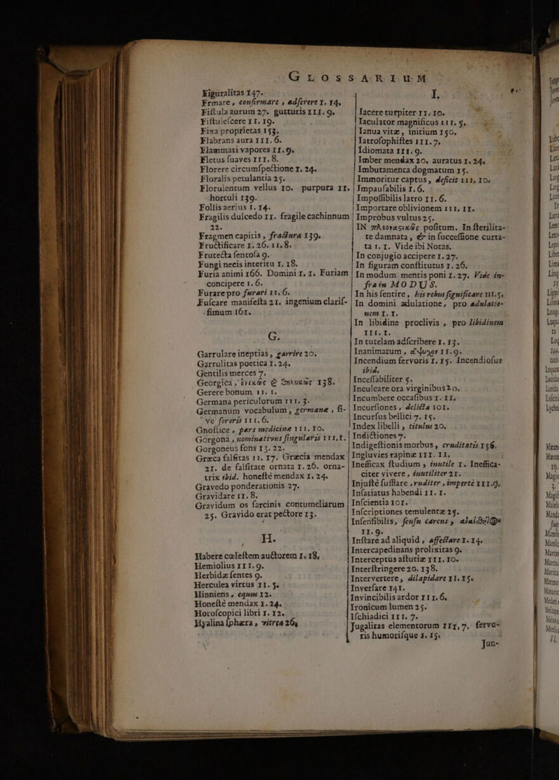 Kiguralitas 147. frmare , confirmare , ed[erere 1. 4, Fiftula aurum 27. gutturis XI£. 9. Fiftulefcere 1 I. 19. Kixa proprietas 153. Klábrans aura I1 11. 6. Xlammati vapores II. 9. Kletus fuaves 111.8. Klorere circumfpectione r, 24. Floralis petulantia 25. Florulentum vellus ro. hortuli 139. Follis aerius I. 14. purpura II. ! I. Iacere turpiter 11. 16. Iaculator magnificus 111, $, Ianua vitz , initium 150. Iatrofophiftes 111.7. Idiomiata 111. 9. Imber mendax 20. auratus 1. 24, Imbutamenta dogmatum r5. Immotritur captus, deficit 111, I0. Impaufabilis t. 6. | Impoffibilis latro tr. 6. | Importare oblivionem 111, 11. 23. Fragmen capitis , fraaura X39. Fructificare 1. 26. 11, 8. Frurecta fencofa 9. Fungi necis interitu I, 18. IN zAÀsovagXdc pofitum. In fterilita- te damnata, &amp;* in fucceífione curta- ta 1, I. Vide ibi Noras, In conjugio accipere 1. 27. In figuram conftitutus r. 26. concipere t. 6. Furare pro fsrari 11, 6. Kulcare manifefta 21. ingenium clarif- - fimum 16r. G. Garrulare ineptias, garrire 20. Garrulitas poetica Y. 24. Gentilis merces 7. Georgica , $vixtec C Ow uxwc 138. Gerere bonum 11. rt. Germana periculorum rtr. 3. Germanum vocabulum , germane , fi- ' ve fororis 111. 6. Gnoflice , pars medicine 111. TO. Gorgona , nominativus fingularzs YY1,T. Gorgoneus fons I3. 22. Grzca falfitas 11, 17. Gracia 41. de falfitate ornata r. 26. orna- trix ibid. honefté mendax 1, 24. Gravedo ponderationis 27. Gravidare r1. 8. frain MODUS. In hisfentire, bs rebus fignificare 1.5. In domini adulatione, pro sZwlaiie- cm t, T. In libidine proclivis , pro Iibidinems III. I. In tutelam adícribere r. 13. Inanimatum , &amp;^usor 11.9. Incendium fervoris 1, 15. Incendiofus ibis, Inceffabiliter 5. Inculcare ora virginibus? o. Incumbere occafibus I. 1I, Incurfiones , dc/icza 101. Incurfus bellici 7. 15. Index libelli , titulis 20. Indi&amp;tiones 7. Indigeftionis morbus , eraditatzs 156. Inefficax ftudium , znsztile 1. Ineffica- Citer vivere , Znttiliter 21. Injufté fufllare ,vuditer , imperte 11.9. Infatiatus habendi 11. 1. 25. Gravido erat pectore 13. L H. Habere cadleftem auctorem 1. 18, Hemiolius III. 9. Herbidz fentes 9. Herculea virtus I1. $5. Hinniens , €q4 12. Honeíté mendax 1. 24. Horofcopici libri 1. 12. Hyalina [phara , vitrea 26, In(criptiones temulentz 2$. Infeifibilis, fenfu carens , aJaiwlge II.9. Inftare ad aliquid , affe&amp;are 1. 14. Intercapedinans prolixitas 9. Interceptus aftutiz TII, IO. Interítringere 26. 158. Intervertere, dilapidare X1. 15« Inverfare 141. Invincibilis ardor 1 1 1. 6. Ironicum lumen 25. Ifchiadici 111. 7. ris humoriíque 1. 15. Jur- Lucida Luüilué