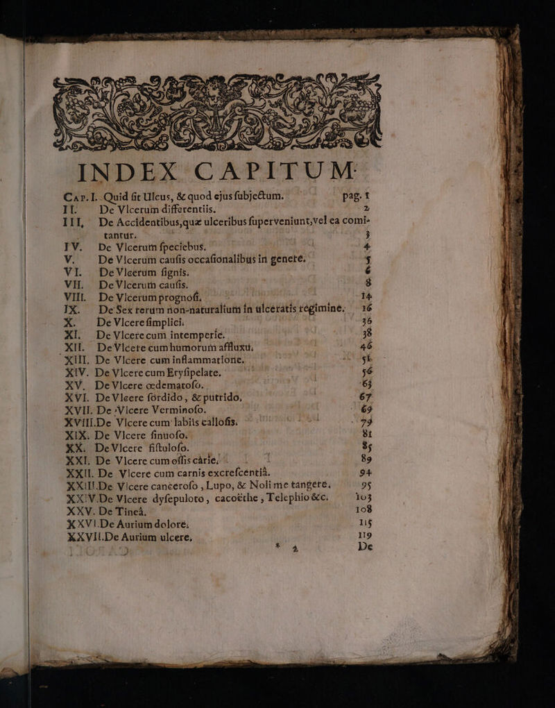 Ca». I... Quid &amp;t Ulcus, &amp; quod ejus fübje&amp;tum. pag. t Il. — De Vlcerum differentiis. | 2 III, De Accidentibusquz ulceribus fuperveniunt,vel ea comi- tantur. ; ; IV. De Vlcerutn fpeciebus. 4. V. . DeVicerum caufis occafionalibus in gencté. $ VI. DeVlcerüm fignis. 6 VIL DeViceruth caufis. — 8 VII. DeVlcerumprognoft, — - | 14 IX. | DeSex terum non-naturalium ín ulceratis régimine. — 16 X. | DeVlcerefimplici. | 36 Xl. DeVlcerecum intemperie. 38 Xil. DeVlcere cumhumorum affluxu, 46 XIII. De Vlcere cum inflammatione. 2L Uy XIV. De Vlcere cum Eryfipelate. $6 XV. DeVilcere ocdematofo. 6j XVI. DeVleere fórdido, &amp; putrido, 67 XVII. De /VIcere Verminofo. p - 69 XVIII.De Vlcere cum labiis callofis. NU 79 XIX. De Vlcere finuofo. 81 XX. DeVicere fiftulofo. : $; XXL. De Vicerecumoffiscárie; . . - 89 XXII De Vicere cum carnis excrefcentià. 94. XXII! De Vicere canéerofo , Lupo, &amp; Noli me tangere. 9$ XX/V.De Vlcere dyfepuloto, caco&amp;the ; Telephio &amp;c. 103 XXV. De Tineà. 108 XXVI.De Aurium dolore; 11$