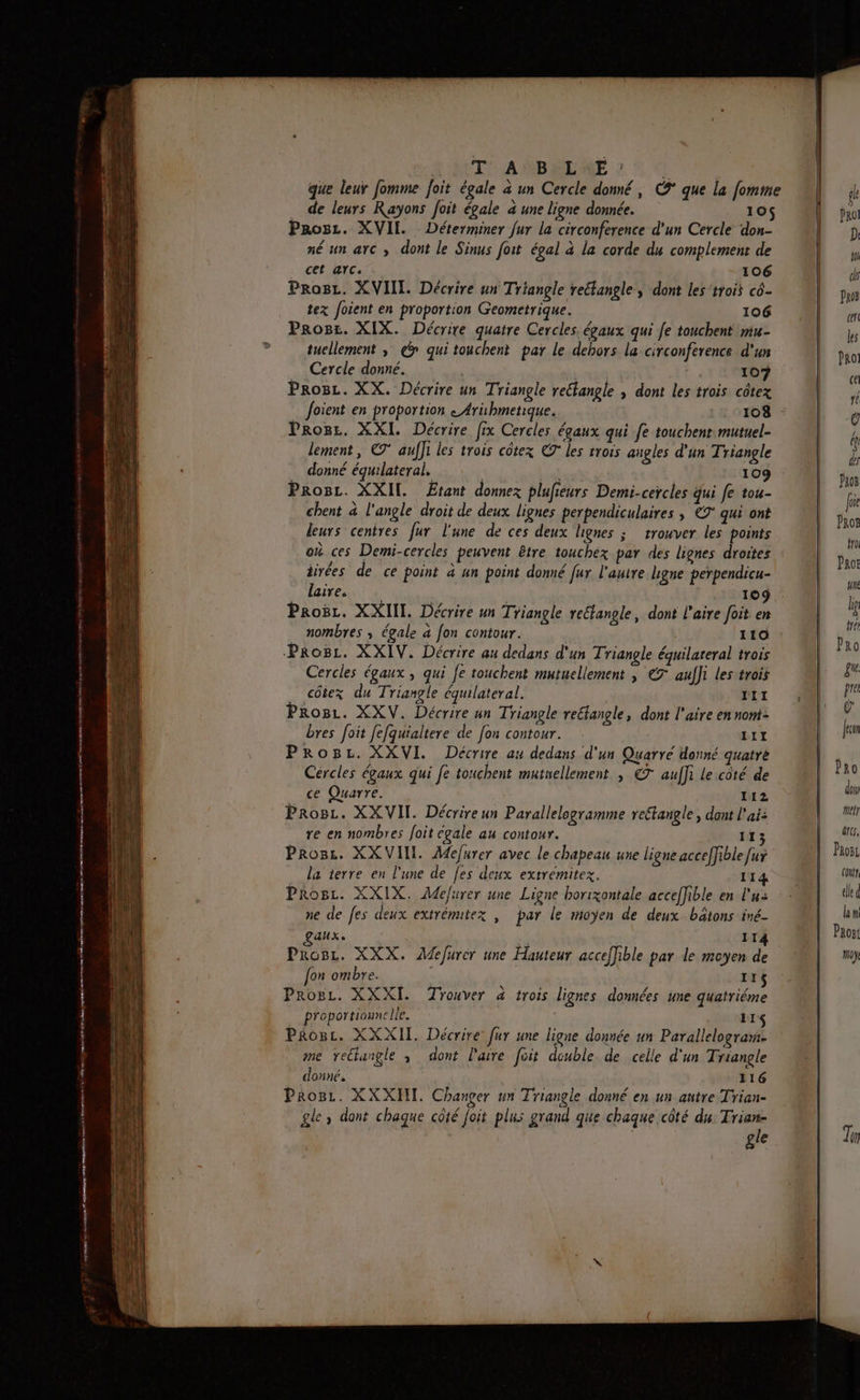 mp nd Mme PS PRE ce ASIA “+ 20 mt 0 0 im À 0 0 D nr de . L : TR TE à T A B LE: de leurs Rayons Joit égale à une ligne donnée. 10 PRogz. XVII. Déterminer fur la circonference d’un Cercle don- né un arc , dont le Sinus foit égal à la corde du complement de cet arc. 106 Prosr. XVII. Décrire un Triangle reétangle , dont les‘troit co- tex foient en proportion Geometrique. 106 Pros. XIX. Décrire quatre Cercles. égaux qui Je touchent miu- tuellement ; € qui touchent par le dehors la circonference d'un Cercle donné. | ke 107? Proc. XX. Décrire un Triangle rectangle , dont les trois côtex Joient en proportion « Arühmetique. ‘1.108 Progz. XXI. Décrire fix Cercles égaux qui fe touchent.mutuel- lement, © auffi les trois côtex C7 les trois angles d’un Triangle donné équilateral. es 109 Proëc. XXII. Etant donnez plufieurs Demi-cercles gui fe tou- chent à l'angle droit de deux lignes perpendiculaires ; €7° qui ont leurs centres fur l'une de ces deux lignes ; trouver les points où ces Demi-cercles peuvent être touchex par des lignes droites tirées de ce point à un point donné fur l'auvre ligne perpendicu- laire. ; 109 Proër. XXIII. Décrire un Triangle refangle, dont l'aire foit en nombres ; égale à fon contour. 110 Proëz. XXIV. Décrire au dedans d'un Triangle équilareral trois Cercles égaux , qui fe touchent mutuellement | € aufli les trois côiez du Triangle équilateral. II Prog. XXV. Décrire un Triangle rectangle, dont l'aire en nom- bres Joit fefquialtere de Jon contour. III ProBz. XXVI. Décrire au dedans d'un Quarré donné quatre Cercles égaux qui fe touchent mutuellement , € auffr le côté de ce Quarre. 112 Pros. XXVII. Décrire un Parallelogramme rectangle, dont l'ai: re en nombres Joit égale au contour. If Pross. XX VIII. Aefurer avec le chapeau une ligne acceffible fur la terre en l'une de [es deux extremitez. 114 Pros. XXIX. Adefurer une Ligne borixontale acceffible en l'u ne de fes deux extrémitex , par le moyen de deux batons iné- aux. 114 Prosr. XXX. Afefurer une Hauteur acceffible par le moyen de fon ombre. I1$ Proëz. XXXI. Trouver à trois lignes données une quatriéme proportiounelle. EI Pros. XXXII. Décrire fur une ligne donnée un Parallelograr- me rectangle ; dont l'aire foit double de celle d'un Triangle donné. 116 Progz. XXXHI. Changer un Triangle donné en un antre Trian- gle, dont chaque côté joit plus grand que chaque côté du: Trian- gle Tr