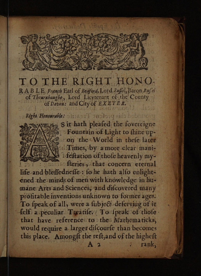TO +. HE. RIGHT, FAUNA: RAB LE, Francs Far! of Bedford, Lord Pufiel, Baron Rule ee aa bournhaughe., Lord Lieytenant ofthe County of Devon: and City of £ LXE TER. ‘on ‘the «World in thefe lacer dsBirttess ‘by amore clear’ mani: ideftation of thofe heavenly my- 1 6 fteries 52 that concern’ eternal life: atid bleffedneffe:: fo he shath alfo enlight- ened ‘the minds of menwith knowledge in hu- mane Arts‘and Sciences; ‘and difcovered many profitable inventions unknown to’ former ages. To {peak of all, were a fubje& deferviug of i¢ felf! a:peculiar Tigatife: ; To {peak of thofe - that have reference’:'to- the: Mathematicks, would require a-larger difcourfe than becaaee this place. Amongft the reft,and of the higheft A 2 ¢ rank,