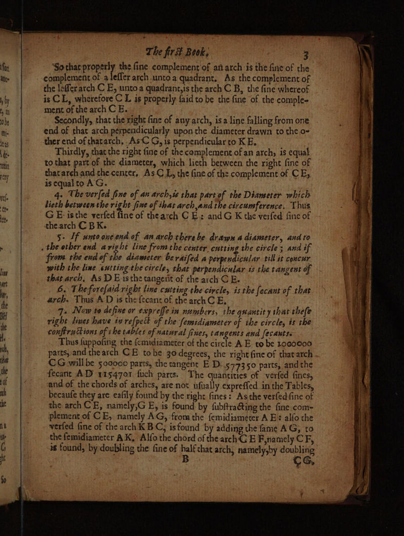 The first Book. ‘Sothae properly the fine complement of an arch is the fine of the complement of a leffer arch unto a quadrant. As the complement of the lefferarch C E, unto a quadrant,is the arch C B, the fine whereof is CL, wherefore C L is properly faidto be the-fine of the comple- ment of the arch C E. Secondly, that the right fine of any arch, isa line falling from one end.of that arch perpendicularly upon the diameter drawn to the o- ther end of thatarch, As‘C G, is perpendicular to KE. Thirdly, that the right fine of the complement of an arch; is equal tothat part of the diameter, which lieth between the right fine of thatarshandthecenter, AsC L, the fine of the complement of CE, is equaltoAG. | 4. The verfed fine of an arch,ts that partof the Dianseter which lieth between the right fine of thar arch,and the circumference, Thus G E- isthe verfed fine of thearch C E: andG K the verfed. fine of thearch C BK. . 5- If untooneend of anarchtherebe drawn a diameter, and to . the other end aright line fromthe center cutting the circle ; and if from. the end of the diaweter beraifed a perpendicular till it concur with the line ¢utting the circle, that perpendicular ts the tangent of thatarch, As D E.isthe tangerit of the arch C E. 6. Theforefaid right line cutting the civcle, isthe [ecant of that arch. Thus AD is thefecant of the archC E, 7. Now to define or expreffe in numbers, the quantity that thefe right limes have turefpett of the femidiameter of the circle, is tbe conftruttions of the tables of natural fines, tangents and fecauts. Thus fuppofing the femtdiameter of the circle A E to be 1000000 parts, and thearch CE tobe 30 degrees, the right fine of thatarch CG.willbe 500000 parts, the tangent E D..5 77350 parts, andthe fecant AD 1154701 {uch parts. The quantities of ‘verfed fines, and of the chords of arches, are not ufually expreffed in the Fables, becaufe they are eafily found by the right fines: As the verfedine of the arch CE, namely,G E, is found by fubftra&ting the fine com= plement of CE, namely AG, from the femidiameter A E: alfo the verfed fine of the arch K BC; isfound by adding the fame A G, to the femidiameter AK, Alfo the chord of the archG E F,namely C F, 3s found, by doubling the fine of SH that arch, namely,by doubling ar, @ ;