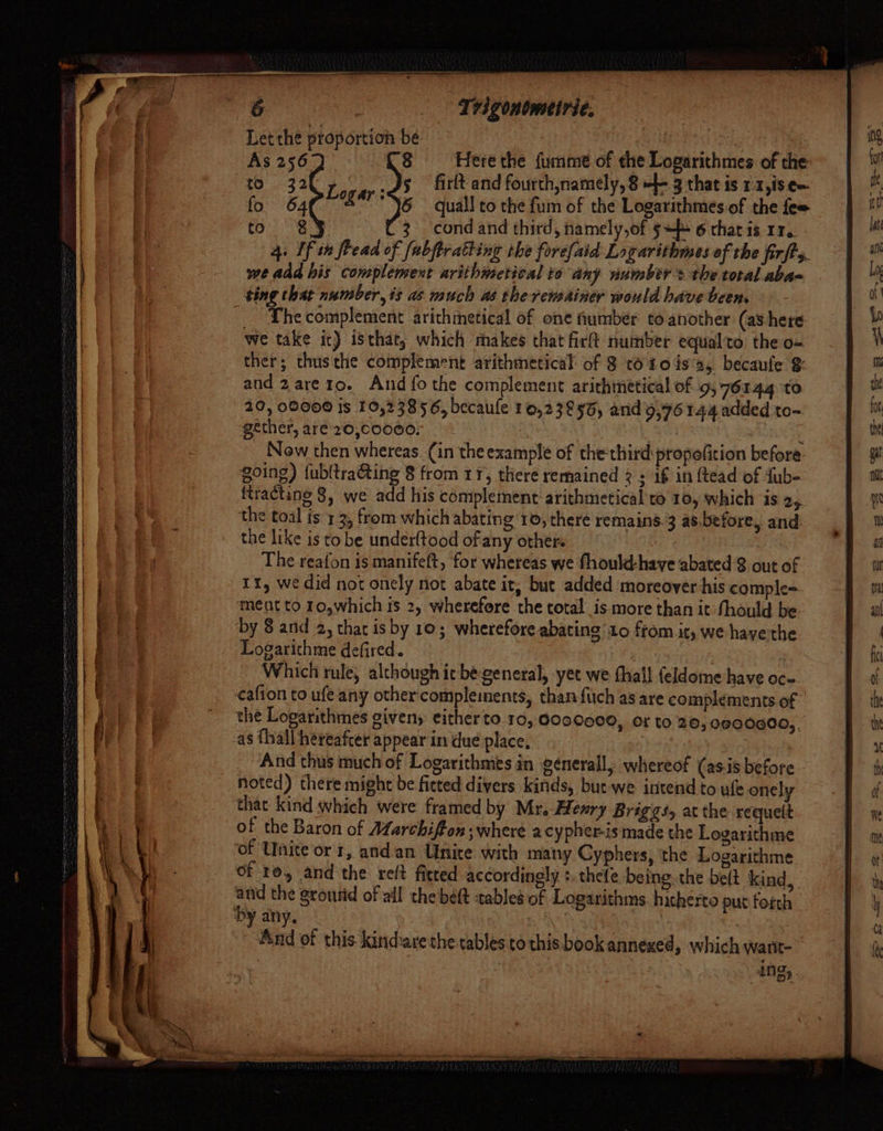 gy 3 cond and third, namely,of 5+ 6 that is rr. 4. If tn fread of fabftratting the forefaid Logarithmes of the firfts. we add his complement arithmetical to any numbers the total abae ting that number, ts as much as the remainer would have been. Yhecomplement arithmetical of one humber co another (as here we take it) isthat, which makes that fir number equalto the o- ther; thus the complement arithmetical of 8 toto is’, becaule g: and 2are1o. And fo the complement arithinetical of 9, 76144 to 20, 00000 is 10,2385 6, becaule 10,23256, and’9,76 144 added to- gether, are 20,c0000- ’ Now then whereas. (in the example of the third propoficion before going) {ubltra@ing 8 from 11, there remained 2 ; if in ftead of fub- ftracting 8, we add his complement’ arithmetical to 10, which is 25 the toal is 1 3, from which abating 10, there remainé.3 as.before, and the like is tobe underftood ofany other. The reafon is manifeft, for whereas we fhould-have abated 8 out of 1x, we did not onely not abate it, but added moreover his comple= ment to 10,which is 2, wherefore the cotal is more than it fhould be ‘by 8 and 2, thac is by 10; wherefore abating 10 ftom it, we havethe Logarithme defired.. Which rule, alchough ic bé-general, yet we fhall feldome have oc- cafion to ufe any other'compleiments, than fitch as are complements of the Logarithmes givens either to.10, 0000000, or to 20, 0800600,. as {hall hereafter appear in due place, And thus much of Logarithmes in -generall, whereof (as.is before noted) there might be fitted divers kinds, bue-we intend to ufe onely that kind which were framed by Mr. Henry Briggs, at the requeit of the Baron of Marchifion; where acypher-is made the Logarithme of Unite or 1, andan Unite with many Cyphers, the Logarithme of 10, and the reft fitted accordingly :. thefe being. the be(t kind, ei the grourid of ail the beft tables of Logarithms. hicherto put forth ‘by any. : And of this kindavethe tables to this bookannexed, which want- ine