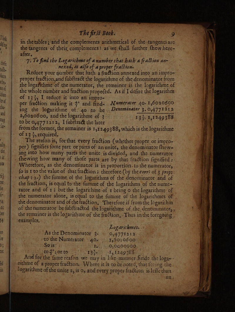 in thetables ; and the complements arithmetical of the tangents are the tangents of their, complements: as we.fhall further thew here- afrer. 7. To find the Logarithme of anumber that hath a frattion an- nexea, 46 alfo of a proper fraction. Reduce your umber that hath a fraétion annexed into an impro- proper fraction,and fubftract the logarithme of the denominator from the logarithme of the numerator, the remainer is the logarithme of the whole number and fraction propofed. As if I defire the logarithm of 134, I reduce it into an impro- ata per fraCtion. making it 4° and find- Al#merator 40. 1,6020600 ing the logarithme of. 40 to be .. Denominator 3. 0,4771212 56030600, and the logarithme of 3 133. 1,1249389. to be 04771212, I {ubftra@ the lacer from the former, the remainer is 1,1249388, whichis the logarithme of 13 4, required, ; | The reafon is, forthat every fraG@tion (whether proper. or impro- per) fignifies fome part or parts of an unite, the denominator fhew- ing into how many parts the unite is divided,. and: the numerator fhewing how many of thofe parts are by that fraétion fignified : : Wherefore, as the denominator is in propertion.to the numerator, . fo is 1 to the value of that fra@tion ; therefore.(by the corr: of 3 props: the fraction, is equal tothe fumme of the logarithms of the nume-- rator and of 13 butthe logarihine of 1 being o the logarithme of the numerator alone, is equal to the fumme of the logarithmes of of thenumerator bedubftracted thelogarithme of the denominator, , the remainer is the fogarithme of the fraQion, . Thus inthe foregoing examples, Logarithmess . Asthe Denominator 3- © 0,4771212 “to the Numerator 40. 1,0020600 So is Bb 0,0000000., to F°: or to 1350) 151249388 ' And for the fame reafon we may in like manner finde the loga= - athe of a proper fraction. Whete it is to be noted, thar {ecing the logarithme of the unite x, is 0, and every proper fraGtion is Jefe than
