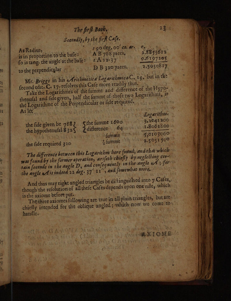 The firft Boowe. Secondly, by the fir Cale. Cd As Radius, $90de9,00°C0. AY: Co | is in proportion to the bafe: AB 763 paces. 2.8853612 fo is tang. the angle‘at the bale : tA22-37 96197205 tothe perpendicylar ¢ DB 320paces,. .\, 25050817 Mr.-Briggs in his «Avithmetica LogarithmicaC. to.” but in the fecond edit. C. 17-refolves this Cale more readily thus. Take the Logarithmes of the fumme and difference of the Hypo- thenufal and fide given, half the famme of thofe two Logarithms, 1s the seein: of the Perpendicular or fide required... Sag Aslec 5. | Waa | Logarithm: the fide given be 7682. §the fumme 1600 322041200 the hypothenufal:8 ae &gt; hcierenite 64 18061800 SEA AULA S (yummie “FS FVFOTOZOO the fide required 320 2{umme 2.5051 50° The difference between this Logarithms here fottud, and that whicl was found by the former operation, arifech chiefly vy neglettling cer-: tain [econds in the augle D, and confequently in thevangle od 3-far the angle eis indeed 22 deg. 39’ 11'', awd fomewbat n70r6s And thus may right angled triangles be ditinguifhed into 7 Cafes, though'the refolution of all thefe Cafesdepends upon one'rule, which: is the axiome before put. Thetkree axiomes following are true in-all plain triangles, butare: chiefly intended for the oblique angled,; which now we come t© handle. , XT OME