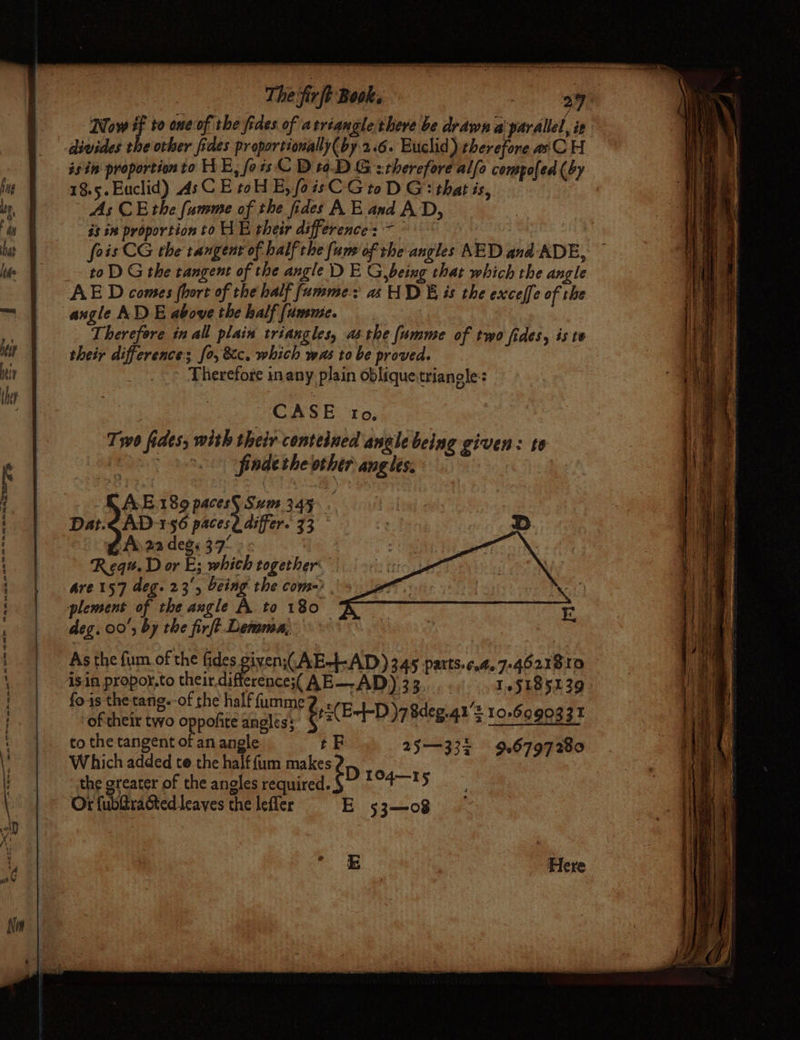 The firft Book. Saul Now 8 $0 oneof the fides of atréangle there be drawn a parallel, it isin proportion to HE, foisC Dta.D G ztherefore allo compofed (by 18.5. Euclid) 4sC E toH E,foisC G to D Gi that is, As CE the fumme of the fides A E and AD, is 1» proportion to HE their difference’: to D G the tangent of the angle D E Gybeing that which the angle angle AD E above the half fumme. Therefore in all plain triangles, asthe [umme of two fides, is te their difference; fo, Sc. which was to be proved. Therefore inany plain oblique trianole:: CASE to, Tyw0 fides, with their conteined anglebeing given: t0 | findethe othér angles. -AE189 paces§Sum 345... || | Dat.€AD-156 paces? differ. 73 - D A 22 deg, 39° : : Requ. D or E; which together. ! are 157 deg. 23°, Ceing the com&gt; | plement of the angle A to 180 : deg. 00’, by the firft Lemma, E As the fum_of the fides paeneA Eds AD) 345 Parts. ¢.4.7-4O218I0 isin propoy.to their difference;( AE—-AD) 33 I.SL85139 fois the tang.-of the half fumme? a of their two oppofite angles: ¢ z( E-f-D 7 8deg.41's 10,6990331 to the tangent of an angle t FE 2 fo _ 6 280 Which added te the half fum makes %&gt; 333 9.6797 the greater of the angles required. 104—I15 Or fub@ra&amp;ted leaves the lefler E 53—08 ous