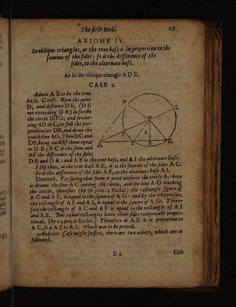 , — The first Book AXIOME IV-. Lp oblique triangles, as the true bafe is in proportion to the | f umme of the fides : [o isthe difference of the fides, tothe alternate bafe. As in the oblique-triangle A D E. | : CASE 1. Admit A Eto be the true bafe, Contt. Upon the point D, and diftance DE, (DE not exceeding D A) dc[cribe the circle LEFG; and produ- cing AD 0 C,/et fall the per- pendicular DB,and draw the touch line AG. Then DC and DE being cach of them equal toDE:;A Cathe fum.and AF the difference of the fides DE and DA; and AE ts thetrue bale, and AX the alternate bafe. I fay then, 46 the true bale NE, 1% tothe fumme of the fides AC. Seis the difference of the fides AF, tothe alternate bafe Al. | Demontt, For feeing shat from # point withont the circle A, there is drawn the line AC cutting the circle, andthe line A G touching the circle, therefore (by 36 prop.3 Euclid ) the rettangle figure of — AC and AF, ts equal tothe {quareof AG: and by the like reafon, the rectangle of AE and AL, ss equal to the (quare of A G. There fore the rettangle of AC and AF % equal tothe retbangle of AT and NE. Bat equal rehangles have their fides reciprocally propor= tional, (by 14 pro.6 Euclid.) Therefore a AE # in proportion to AC, (os AFto Al. Which was to be proved, - Andthis Cafe might fuffice, there are twa others, which are dé followeth. , E 2 ee Cafe