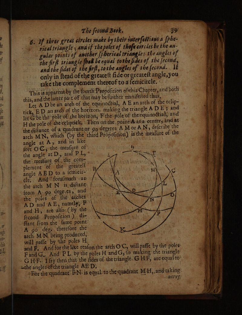 ‘the firft triangle [hall 2e equal tothe fides of the fecond, the di@ance of a quadrant.or go degrees angle at A. and in like rr O'Cy the meafuré. of the angle at-D.,. and PL, the: medliure of the com= plement of the greatelt ancle ABD to a {emicit= éle. And *forafmuch «as the arch M' N_ is diltant: | from. A:-9ge deor:es, and: “the poles: of the arches | AD and ‘AE, namely, P and-H:, are: allo:.(-by the fecond: -Propofition ).. dix flant from the fame point: will paffe by the poles H A MorAN, deferibe the athe angles ofthe triangle AED, Ror the-quadrant. BN: is equal:to the quadrant M-H, and taking: Be: ant ay. j