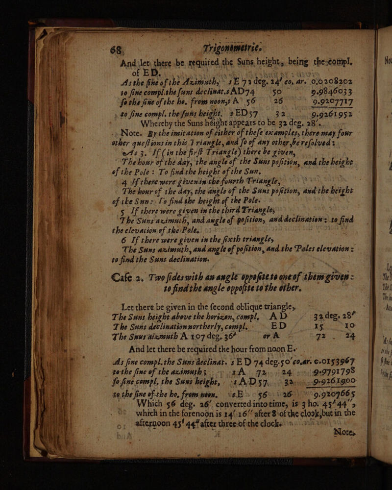 And Jet: there be requited. the Suns. height, being the-compl, of ED. ‘ r ‘ Le ae ad Mitte BY E-eau ty y As the ne of the Azimuth, s E71 deg, 24 ¢0, ar. 0,0208202 so fine compl.the funs dechwatsAD74 50 — 9.984603 3 : forthe fine of the he, from moons A 56 26 (9.920717 . £0 fine compl. the fans height, 2ED57. 3:2. 9.9261952 © Whereby the Suns height appears to be 32 deg, 28’. -. Note. By the imitation of either of thefe examples, there nay four other qucftions in this 7 riangle, and [o of any otherberefolved: es 3. If (inthe firft Triangle) there be given, — | The hour of the day, the angle of the Suns pofition, and the height of the Pole: To find the height of the Sun, | leet 4 If there were givenin the fourth Triangle,» 0° The hour of the day, the angle of the Suns poktion, andthe height of tke Sun: To find she height of the Pole. a 5 If there were given inthe third Friangle; The Suns azimuth, and angle of pofition, and declination: to find the elevation of thePale. 0: | | MOMIDE | 6 If there were given inthe fxth triangle, 7 | The Suns axiwuth, and angle of pofition, and.the Pales elevation : to find the Suns. declination. Cafe 2. Two fides with an angle oppofitese oneof themgiven - to find the angle oppojite te the other. Let there be given in the fecond oblique triangle, The Suns height above the horizen, compl, AD The Suns declination northerly, compl, ED 15 10 The Suusaizmuth A £07 deg, 367 rk ce Sane Ss And let there be required the hour from noon Ee As fine compl.the Suns declinat. s EV) 74 deg.50 60,47. 0-015 3967 tothe fine of the azimuth; --~ tA Jd 24 99999791798 fe fine compl, the Suns height, -s A.D 57. te.the fine of the ho, from noon, °8.E &gt;. &lt; $6%\ 26 °9.9207665 _ Which 56 deg. 26’ convertedintotime, is 3 ho. 457445 which in the forenoon is 14/:16 after $*of the closk,but in the Df aftergoon 45' 447 after threeof the clocks 8. 2 ake % yh ee he ae Notes. $$ Nek ee ~~