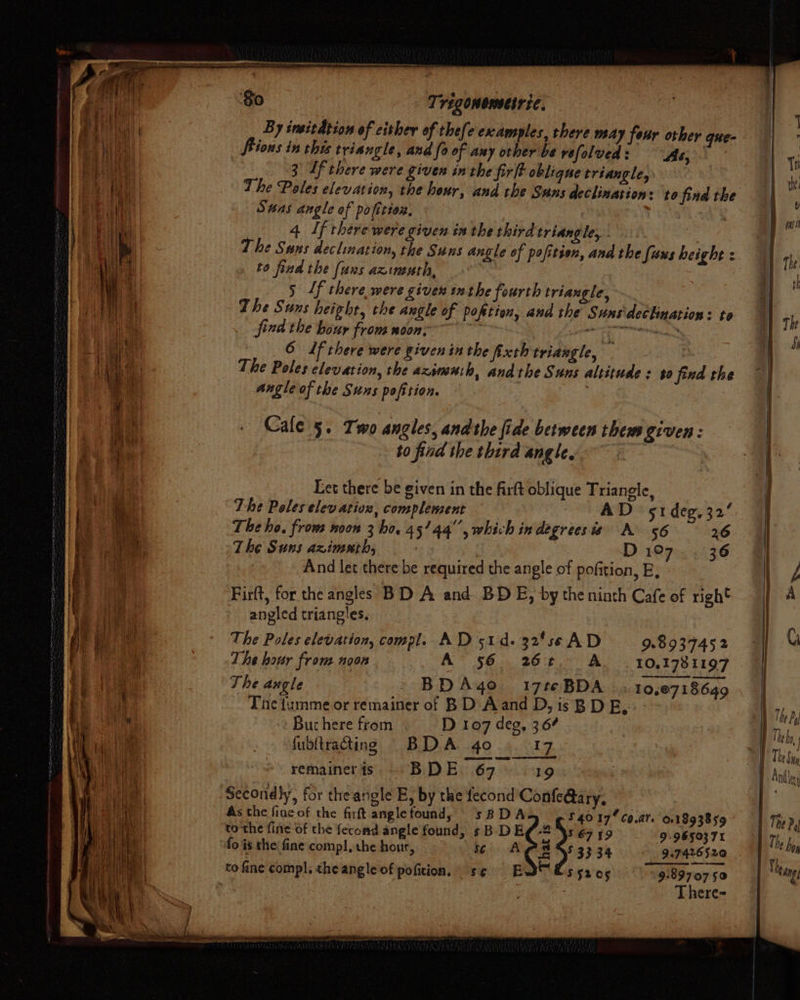 | i al By imitdtion of cither of thefe examples, there may four other que- ia ent ions in this triangle, and fo of any other be réefol Vea : As, | Th | aera | 3 Lf there were given in the firft oblique triangle, kh The Poles elevation, the hour, and rhe Suns declinarion: ‘to find the . Suas angle of po [itiox, . * 4 If there were given in the third triangle, . ie i? ca | The Suns declination, the Suns angle of pofitien, and the fuxs height: | the eg) to find the (uns azsinenth, | | ' at 5 Lf there. were giver inthe fourth triangle, | . mi i The Suns height, the angle of poftion, and the Sunsdeclination: te || the | Ah find the hour from moon. 3 ee PRR Bg at it | 6 df there were piven in the fixth triangle, i : | i 4 The Poles elevation, the azimuth, andthe Suns altitude « to find the — augle of the Suns pofition. a . Cale 5. Two angles, andthe fide between them given: bc 3 to find the third angles; . # I There- Eet there be given in the firft oblique Triangle, a | The Poles elevation, complement AD sr1deg.32 me he. ie The ho. from noon 3 bo. 45/44, which in degreesi# A 56 26 | mie The Suns azimuth, D 107 36. a a if And let there be required the angle of pofition, E, y Firft, for the angles BDA and BDE, by the ninth Cafe of right 9] A angled triangles. | | Me The Poles elevation, compl. AD 51d. 32'se AD 98937452 oF G ius i The hour from noon A 56 26 A IO.1781197 . ” | okt Wy The angle BD A4qo 17te BDA ». 10,0718649 | The fumme or remainer of BD Aand D, is B D EF, - \ Ay I Bit But here from | D 107 deg, 36? | | Thy id i fubltrating BDA 4o I7 ss They, i He remainer is BDE. 67 1903: Stans | Ante Hae Secondly, for the angle E, by the fecond Confe@ary, | | Meat As the fine of the firft anglefound, s8DA $4017 C0.a1. 01893859 The Py Me tothe fine of the fecond angle found, sB DE = &gt;} 67 19 99650371 ; 7 i eee fo is the fine compl], the hour, se BE SSS 3334 917426520 poy a tofine compl, the angle of pofition, s¢ EQS s 5205 98970750 | Thang WA a : . |