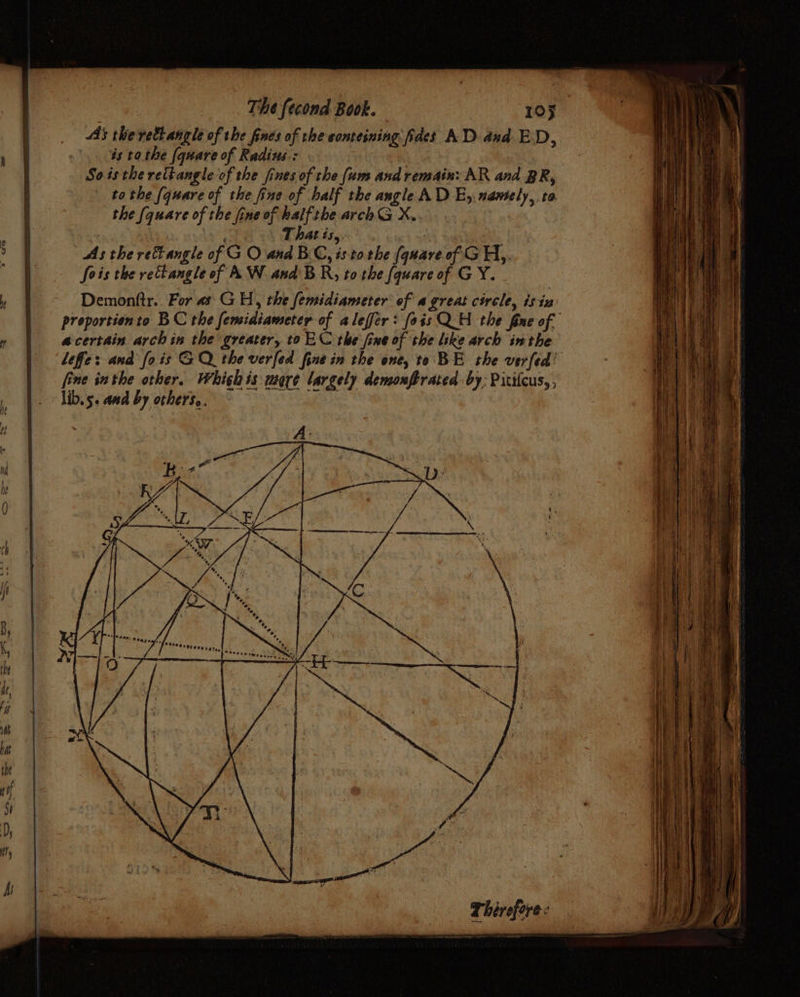 As the rettangle of the fines of the sonteining fides AD and ED, és tothe (quare of Radius:: Sots the rettangle of the fines of the (um and remain: AR and BR, | tothe {quare of the fine of half the angle AD E,, namely, to the {quare of the fine of half the archG X. pie ig T hat is,. As the rettangle of G O and B Cis tothe (quave of G H,. Sois the rectangle of AW and’ BR, to the [quare of GY. Demonftr.. For as G H, the femidiameter of a great circle, isin proportion to BC the femsidiameter of aleffer: fois QUH the fne of acertain archin the greater, toEC the fine of the like arch inthe leffe: and fois GQ the verfed fine in the one, te BE the verfed! fine inthe other. Whighis were largely demonftrated by: Pitifcus,, lib.5. ana by others... rain