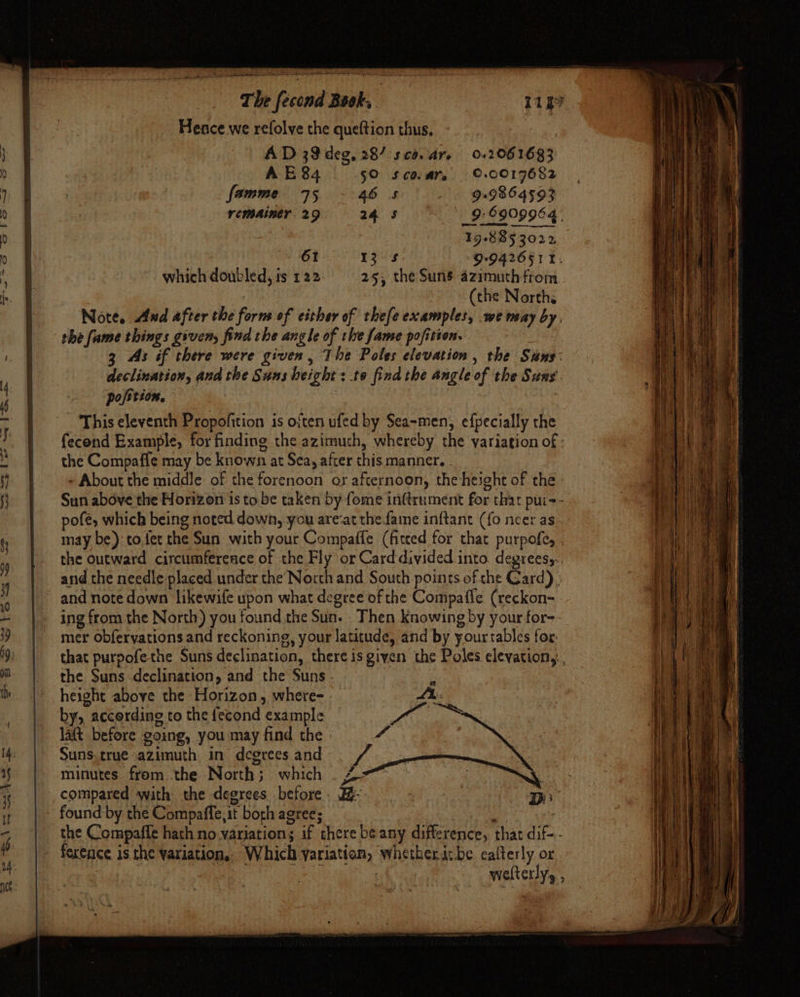 Hence we refolve the queftion thus, AD 39 deg, 28/ sd. dr. 042061683 AE 84 5O scoar, ©.00176$2 famme 75 46 5 99864593 remaintyr. 29 24 5 _9:$909964 19-885 3022 61 13S. 9-9426511. which doubled, is 122 25, the Suns azimuth from. (the North. Note. And after the forns of either of thefe examples, we teay by, the fame things given, find the angle of the fame pofition. 3 As if there were given, The Poles elevation, the Suns: declination, and the Suns height :.to find the angle of the Suns pojition. This eleventh Propofition is oiten ufed by Sea-men, efpecially the fecond Example, for finding the azimuth, whereby the variation of : the Compaffe may be known at Sea, after this manner. . ~ About the middle: of the forenoon or afternoon, the height of the Sun above the Horizon is to be taken by fome inftrument for that pui-- pofé, which being noted down, you are‘at the fame inftant (fo ncer as. may be): to.fer the Sun with your Compaffe (fitced for that purpofe, the outward circumference of the Fly or Card divided into. degrees,.. and the needle placed under the North and South points of the Card) and note down likewife upon what degree of the Compafle (reckon- ing from the North) you found the Sun. Then knowing by your for-- mer obferyations and reckoning, your latitude, and by your tables for: that purpofethe Suns declination, there is given the Poles elevationy., the Suns-declination, and the Suns. és oa 4 height above the Horizon, where- - by, accerding to the fecond example latt before going, you may find the - Suns.true azimuth in degreesand: / minutes from the North; which . £- | compared with the degrees before . B- : | De found by the Compaffe,it both agree; i the Compaffe hath no variation; if chere be any difference, that dif-- ference is the variation, Which yariation, whetheritbe ealterly or. : welterly, ,