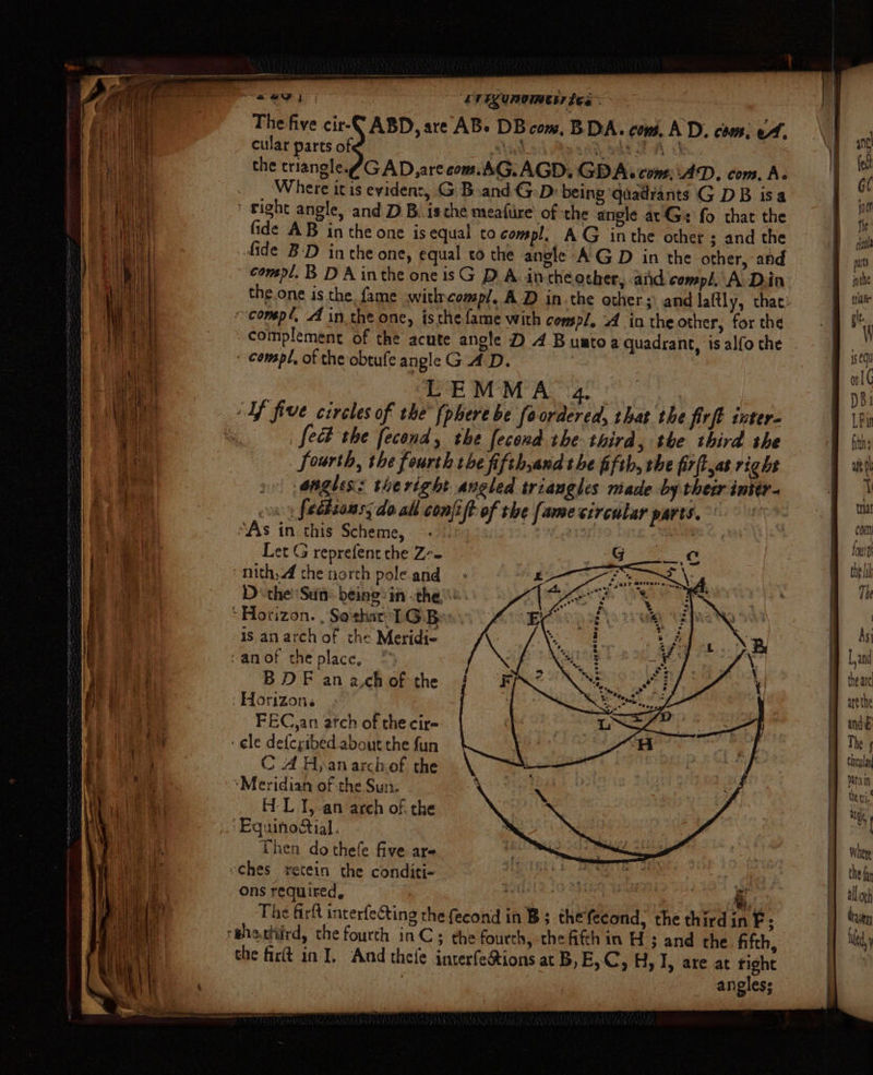 eee ae ‘LT Egenomess tes: The five cit-C ABD, are ABe DB com, BDA. com. AD, com, oA. cular parts of shaded Mp sag ade A} the triangle.g GAD, arecom.AG.AGD. GDAs com, ‘AD, com. Az Where itis evident, G Band G:D: being quadiants G DB isa fight angle, and DB. isthe meafiire’ of the angle at‘Gs fo that the fide AB in the one is equal to compl. AG inthe other ; and the fide B-D in the one, equal to the angle AG D in the other, and ' compl. B DA inthe one isG DA. in the osher, aiid compl, A Din “conep’, A in the one, isthe fame with compl. 4 in the other, for the complement of the acute angle D 4 Bumtoa quadrant, is alfo the - compl, of the obtufe angle GAD. | LEMMA 4, Sf five circles of the {phere be foordered, that the firft tnter- | fed the fecond, the fecond the third, the third the fourth, the fourth the fifthyand the fifth, the firftyas right vy» angles: theright angled triangles made by their intér- ony feciconsydo all confift of the fame circular parts. “As in this Scheme, =. ee Wi a Let G reprefent the Z-~ mith, the north pole.and D the ‘Sdn being-in the). “Horizon. , Sothar- TG Be 1s an arch of the Meridi- -an of the place, BDF an a,ch of the : Horizon. FEC,an atch of che cir- ‘ele defcyibed about the fun C A Hy an arch of the “Meridian of the Sun. H.-L I, an arch of: the ‘Equinodtial. Then do thefe five are -Ches retein the conditi- | Ons required, le gi | @,: The firft incerfeCting the fecond in Bs the'fecond, the third in yr; eehattird, che fourth inC: the fourth, the fifth in H; and the fifth, che firtt in]. Andthele interfeAions at B,E,C, H, I, are at tight angles; Taste iil pal ft} nthe (nai fouith the lik The As) Land thearc are the andg The cireula pats mn then.’ aD, Wher the fa allorh kann