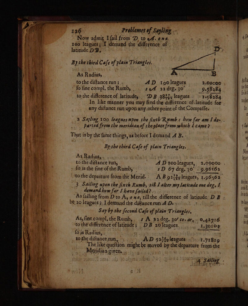 Problemes of halite. ‘Now admit I fail from D. to ed. ene 100 leagues ; I demand the difference of By the third Ca z of plain Triangles. As Radius, | | Aly B tothe diftanceruns - , fo fine compl, the Rumb, sel 22 deg. 30’ 9.$8284 - cere to the difference of intieutlegs: DB 382; irk . 9 1058284 In like mapner you may find the difference of latitude for . any diltance run. upon any, other point of the Compaffe. 2 Sajling 100. leagues upon the fixth Rumb « how far am I de-. - parted from the meridian of | the place frons, which Leame? . That is’by the fame things, as before I demand 4 B. - By:the third Cafe of plain Triangles. .. As Radius, - Pye ova 5 Uh GY to.the diftance run, . A DP rooleagues,. 2.00000 » fo. is the fine:of the Rumb, 5D 67 deg, 30° «9.96562 3 Sailing upon the fixth Rumb, sil J alter my latitude one deg, £ demand how far I have failed gy As faiting from D to A, ¢ ne, tillthe difference of latioude, D B . Say by the fecond Cafe of plain Triangles, — As;fine.compl, the Rumb,. .s A 22,deg, 30/ ca. ar, 0.41916 to thé’difference of latitude ; 3 DB 20 leagues. dah coke 130103 fous Radius, . | cae sothe diftancerun, “AD 522Scleagues. Pezck ‘oats The like queltion mh be moyed by the edeparcare from-the _Pasidian given... 4. ‘sag ’