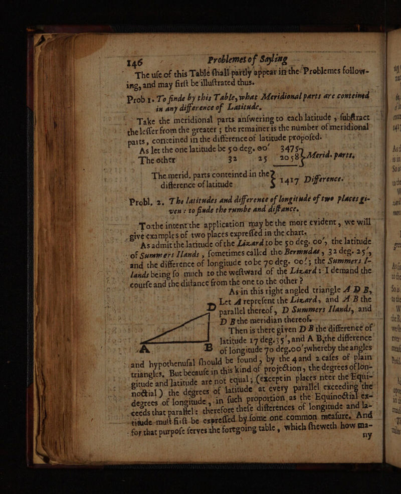 t ages eo vaaternayl eee aA — 4 146 ~~ Problemes of Saling . 7 . The ule of this Table fhall partly appear in the! Problemes follow- ing, and may firlt be iJluftrated thus. | Prob 1. To finde by this Table, what Meridional parts are contcined in any difference of Latitude, -~ Take the meridional parts anfwering to each Jatitude ,-fubftract che leffer from the ereater ; the remainer is the number of meridional paits, conteined in the difference of latitude propofed. | ! As ler the one latitude be so deg. @0° 3.475 3 . The other se 25 2058 Merid: parts, oe oe ae ve ICRP ARR UAED ET Prrr eneegrRianme ae — aire The merid. parts conteined.in the? Wiebe Geta difference of latitude _ 1417 Difference. “Probl. 2. The latitudes and difference of longitude of two places gé- | yen : tO finde the rumbe and diftance. Torhe intent the application may bethe more evident, we will _ giveexamplesof two places expreffed in the charts Wie v1 Ag admit theJatitude of the Lizard to be 50 deg, 00’, the latitude of Summers Ilands , fometimes called the Bermudas, 32 deg..25', and the difference of longitude tobe 70 deg. 00/; the Summers. I- lands being fo much to the we(tward of the Lizard :-I demand the. ~ eourfe and the dittance from the one to the other 2 : | Asin this right angled triangle A.D B, om Let A reprefent the Lizard, and A:B the | parallel thereof , D Summers Tlands,. anid’ D Bthe meridian thereofe-= = Then is there given D B the difference of + —2 Jatitude 17 deg.35’,and A B,the difference: a DB of longitude 70 deg.oo’swhereby the angles ‘,and hypothenufal fhould be found , by the 4 and 2cafes of plain triangles, But becaufe in this kind of projection, the degrees oflon- ‘tude and latitude are not equal; (exceptin places nter the Equi- | nottial ). the degrees of jatitude at every parallel exceeding the” degrees of longitude, in fuch gd to the: Equinoctial ex- _eceds that paraltel’: therefore chefe differences of longitude and la- -aade-mult firt-be- expreffed_by fome one_common. meafure. And - for that purpofe feryesthe foregoing table, which fheweth. how ma-