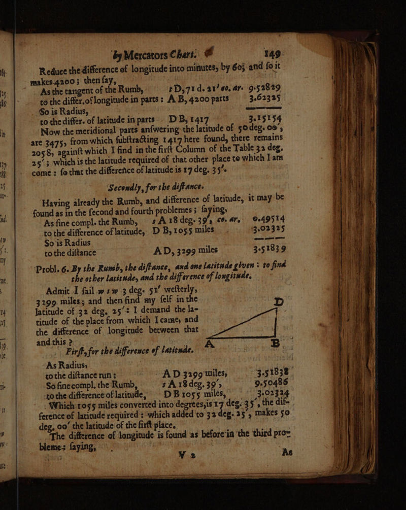 25 it ‘by Mercators Chart. ¢ 149. Reduce the difference of longitude into minutes, by 60} and fo it As the tangent of the Rumb, ¢D,71d. 21/60, ar. 952829 to the differ.of longitude in parts: A B, 4200 parts 3.62325 ‘So is Radius, fhe A oe oa eee ~ co the differ. of latitude in parts. DB, 1417 3015154 Now the meridional parts anfwering the latitude of sodeg. 09°, 205, againft which I find in the firft Column of the Table 32 deg. 25”; whichis the latitude required of that other place to which Iam come: {a that the differenice of laticude is 17 deg. 3 5% Secondly, for the diffance. Having already the Rumb, and difference of latitude, it may be found as in the fecond and fourth problemes ; faying, As fine compl. the Rumb, sA18 deg. 39%) 60. Ar. 049514 to the difference of latitude, -D B, 1055 miles 3.02325 SoisRadius sik, to the diftance AD, 3299 miles 351839 ‘Probl. 6. By the Ruwib, the diftance, and one latitade given : to find the other latitude, and the difference of longitude, Admit I {ail wsw 3 deg. 51’ welterly, 3299 miles; and thenfind my {elf inthe 3 D Jatitude of 32 deg, 25’2 1 demand the la~ titude of the place from which Icamey and | che difference of longitude between that | | and.this ? D ety 3 Mp A ; [wet Firft, for the difference of latitude. ~ 5 O15 As Radius» | | oa co the diftance run ; - AD 3299 miles, “3.51838 So finecompl, the Rumb, s A 18dev. 39’ 9.50486 roche difference of latitude, =D Bross miles, 3.02324 ference of latitude required? ‘which added ‘to 32 deg. 35, makes 50. deg, oo’ the latitude of the firtt place. : The difference of ‘longitude is found as before‘in ‘the third pro~ bleme:s faying, | | Which 1045 miles converted into degrees,is 17 dee. 35”, the dif V2 As hes jsp aetna deat mapas” 2 a AAV = TS ray Ee ee