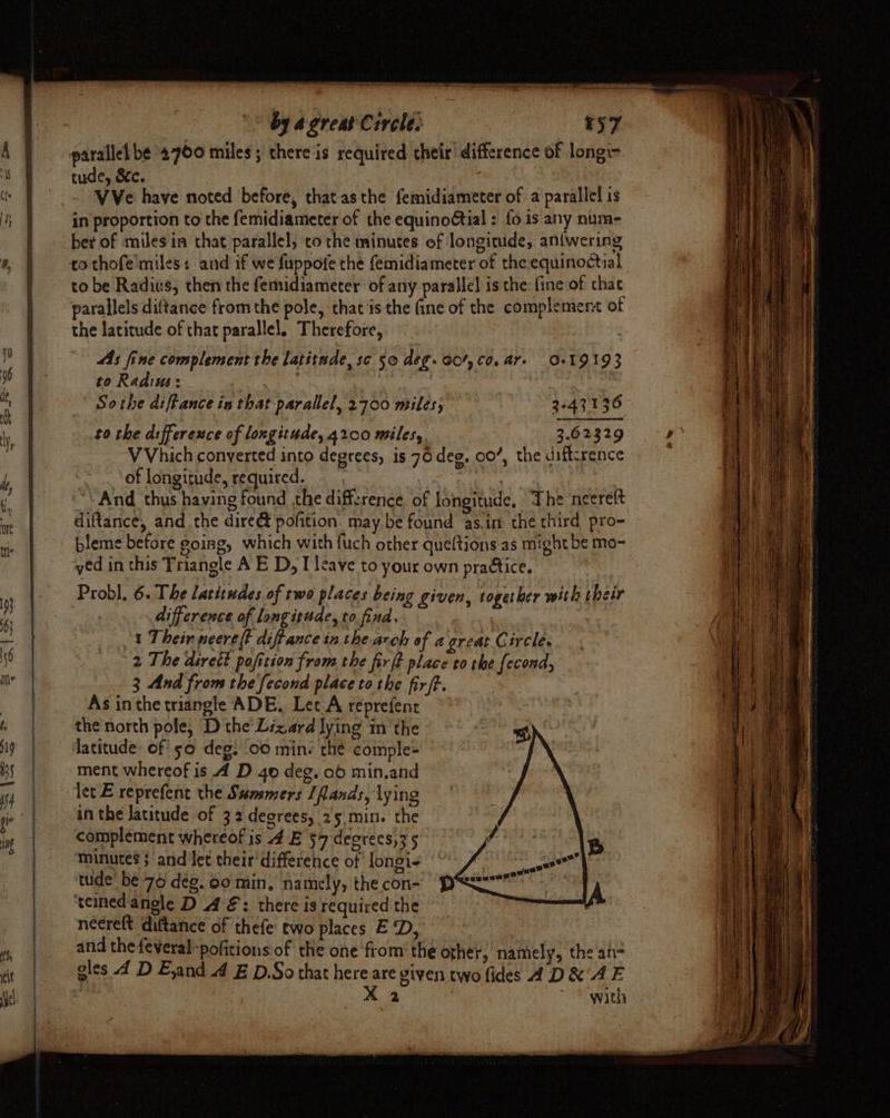 tS, it a heats Sh BTN be oer ae =. ** by agreat Circle: t57 tude, Se. i VVe have noted before, that asthe femidiameter ofa parallel is in proportion to the femidiameter of the equinoétial : fo is any num- ber of miles in that parallel, to the minutes of longitude, an{wering to be Radius, then the femidiameter of any parallel is the: {ine of chac parallels diftance fromthe pole, that is the fine of the complement of the latitude of that parallel. Therefore, AAs fine complement the latitnde, sc 50 deg. 00’, C0, ar. 0-19193 to Radius: 3 | ? Sothe diftance in that parallel, 2700 miles, 3-43136 to the difference of longitude, 4200 miles, 3.62329 VVhich conyerted into degrees, is 7G deg. 007, the diftcrence of longitude, required. | “\ And thus having found the difference of longitude, The neereft diftance, and the dire@ pofition. may be found asin the third pro- bleme before goisg, which with fuch other queftions as might be mo- ‘ved in this Triangle A E D, I leave to your own practice, Probl. 6. The latitudes of two places being given, together with their | difference of longitude, to find, 1 Their neere(? diff ance in the arch of a great Circle. 2 The dirett pofition from the firft place to the fecond, 3 And from the fecond place tothe firft. | As inthe triangle ADE, Let A réprefent the north pole, D the Lizard lying in the latitude of! so deg, oo min. che comple= ment whereof is 4 D 40 deg. 06 min.and let E reprefent the Summers [flands, lying in the Jatitude of 32 degrees, 25 min. the complement whereof is 4 E 54 degrecs,3 5 minutes; and let their difference of longi- tude be 76 dée. oo min, namely, thecon- ‘veined angle D A: there is required the neereft diftance of thefe two places ED, and the {everal-pofitions of the one from’ the other, namely, the an- gles 4 D E,and 4 E D.So that here are viven two fides AD&amp;/AE : K 2 with &amp; ie an wc fe