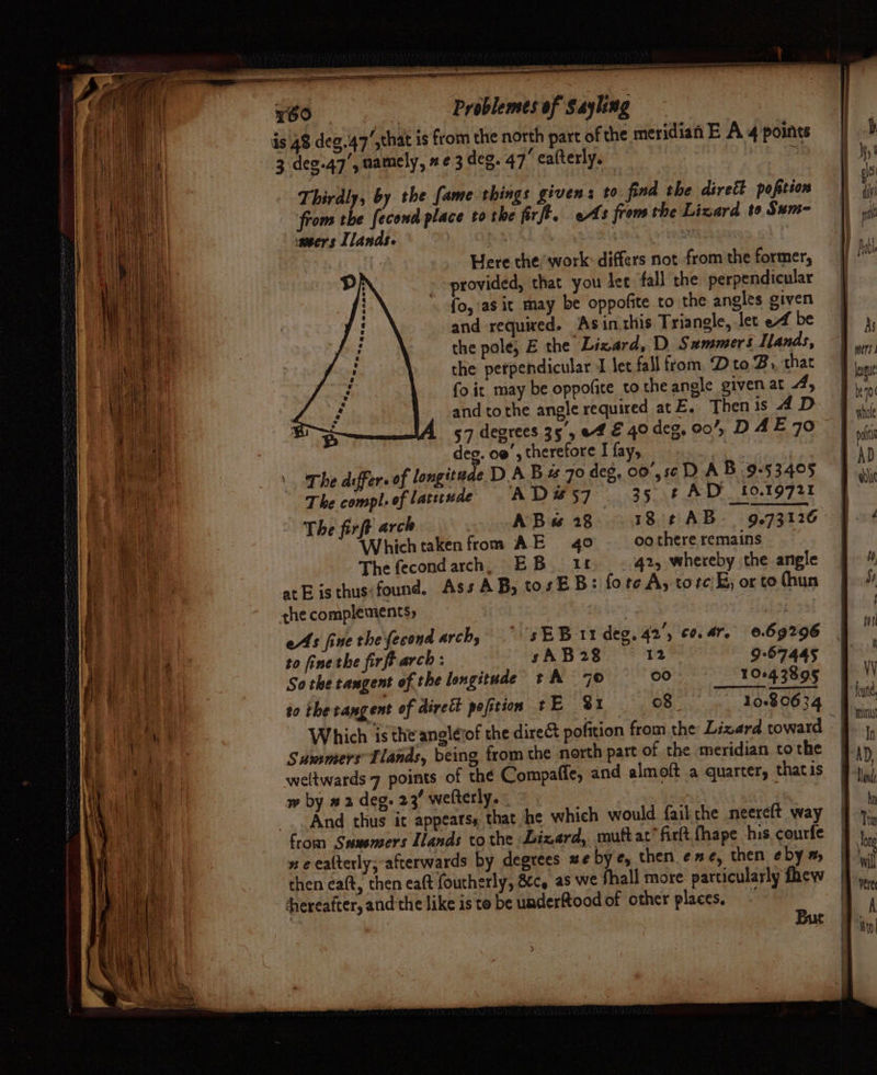 faa sel SS Te | Problemes of Sayling is 48 deg.47’,that is from the north part of the meridian E A 4 points 3 .deg.47’, namely, #¢ 3 deg. 47° eafterly. ; Thirdly, by the fame things givens to find the dirett pofitéon from the fecond place to the firft. eAbs from the Lizard to Sum~- ‘seers Ilands. Here the ‘work: differs not from the former, provided, that you let fall the perpendicular {o, as it may be oppofite to the angles given and required. Asin this Triangle, Jec ef be the pole, E the Lizard, D Semmers lands, the perpendicular I let fall from. Dto B, that fo it may be oppofite to the angle given at 4A, and tothe angle required at E. Then is 4A D SB 4 57 degrees 35, of € 40 deg. 00’, D AE70 deg. oe’, therefore I fay, . } The arffer. of longitude D A B % 70 deg, 00',s¢ 1) A B.9-53405 The compl. oflauude AD#S7 35, ¢ AD 0.19721 | The firft arch ABuw 28-18 t AB 9.73126 Which takenfrom AE 40 oo there remains The fecondarch, EB. if, ..42, whereby ‘the angle at E isthus‘found. Ass AB, tosE B: fore A, torte E, or to (hun che complements, | | eAAs fine the fecond arch; sEB 11 deg. 42’, co. ar, 0.69296 to fine the firft arch : sA B28 12 9:67445 Sothe tangent of the longitude tA 7 oo 10+4 3805 to the tangent of dirctt poftion t E 81 08. 1080634 Which is the anglévof the dire&amp; pofition from the Lizard toward Summers Tlands, being from the north part of the meridian tothe weltwards 7 points of the Compaffe, and almoft a quarter, thatis w by #2 deg. 23! welterly. And thus it appears, that he which would fail che neereft_ way fom Sunemers Ilands tothe Lizard, muttat’firlt fhape his, courfe ne calterly, afterwards by degrees ze by ¢, then ene, then eby™ then eaft, then eaft foutherly, &amp;c, as we fhall more particularly fhew ‘hereafter, and the like is to be uaderftood of other places, - But