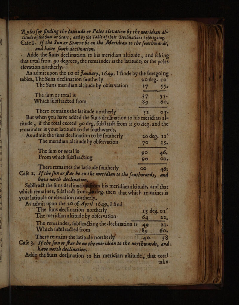 i ~ * Rules for finding the lavitude or Poles elevation by the nseridian al= titude of the Sum or Stars 5 and by the Table of their Declinations beforegoing. Cafel.. Lf the Sun or Starve be on the Adoridian to the fouthwards,. and have foush declination. | Adde the Suns:declination. to his meridian altitude , and taking: that total from go degrees, the remainder is the latitude, or the poles: elevation northerly... ne 3 Keke he: As-admitupon the 10 of Fansary, 1649, 1 finde by the foregoing . tables, The Suns declination feutherly 20deg. co’ The Suns meridian alcitude by obfervation PO S56. The.fum or cotal is : . 37 55° f Which fubftra@ed.from. - 89. 60, There remains the latitude northerly 52 05s ’ But when you have added the Suns declination to his meridian al- titude , if the cotal exceed 90 deg, fubftract from it go deg. and the remainder is your latitude tothe fouthwards. | As admit the funs declination to be foutherly 20 deg. 11° . The meridian altitude by obfervation 79 35e- \ | : 6 : The fum or total ) a go 46. , From which fubftrating 90 00. ; ‘There remaines the latitude foutherly oo 6: Cafe 2. Lf the fun or Bar be on the meridian to the fouthwards, i f . have north declination,. ] Subftraé the funs declinatiogiigf@m his meridian altitude, and that 6 which remaines, fub(tract fronmsji@edeg. then that which remaines is i your latitude or elevation northerly, : 4 As.admit upon the 20 of April. 1649, J find: C The funs declination northerly 15 deg, 01 5 The meridian alcitude by obfervation : 64 . 22, | The remainder, fub(traCting the declination is 49 21 yy _.. Which fubftra@ed from. a M89 60. : There remains ‘the latitude northerly SP lige i 38° Cafe 3. Lf the fun or tar be ou the:meridian to the northwards, and: Va have north declination. Addg the Suns declination to his. meridian altitude that total - Stay areg: eB: take.