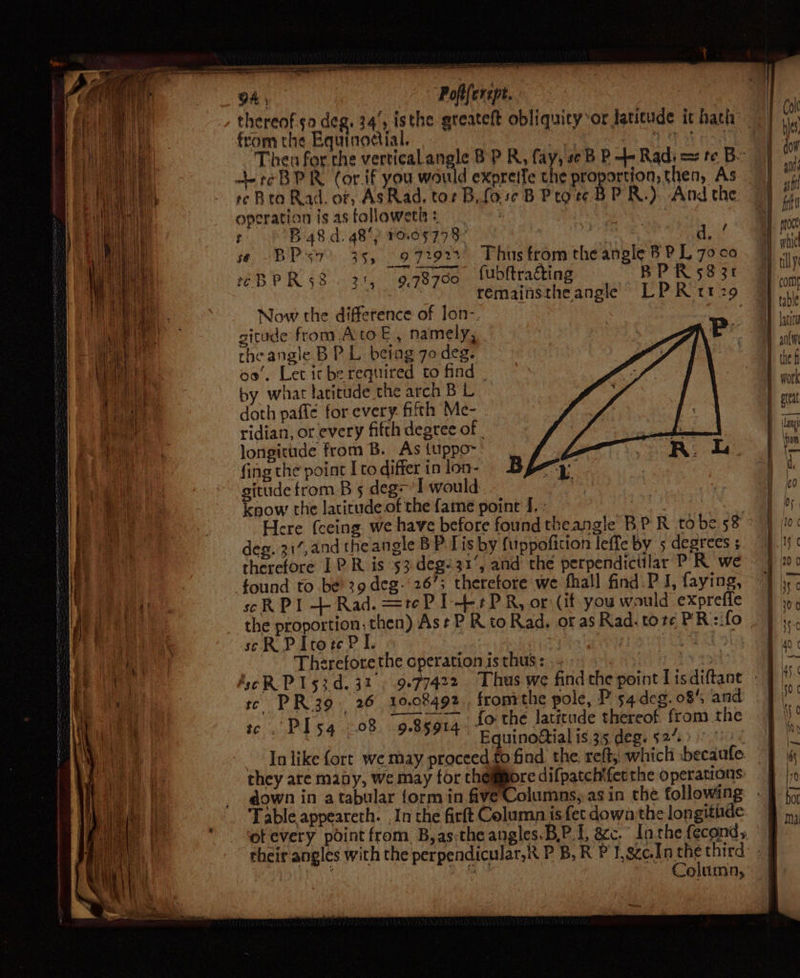 DA | . Pohfcrept. | thereof so deg. 34’, isthe greateft obliquity°or latitude it hath from the Equinodtial. : eee oe d expreife the proportion, then, As re Rta Rad. o¢, AsRad. tor B.fose B Ptore BPR.) And the operation is asfalloweta: =| | | : f B48 d. 48°) 10.0977 3- Buy ic BP R 5 % 23 9.78700 fubftracting B P R 58 3£ a Rae remainstheangle LPR tr29 Now the difference of lon-. : gitude from. Ato E, namely, Po theangle BP L being 70. deg. oo’. Letitbe required to find . by what latitude the arch BL doth paffé for every. fifth Mc- . ridian, or every fifth degree of | longictide from B. Astuppo~: fing the point I to differ in lon- Be? gituide from B 5 deg7 1 would know the latitudeof the {fame point I, : Le deg. 31’,and the angle BP. Tis by {utppoficion leffe by 5 degrees ; found to be’ 29 deg-(26’s therefore we fhall find P I, faying, scoR PI + Rad. =1eP I--+-+P R, or (if you would expreffe scR Pltoec PI. Therefore the operation is thus : rc PR39. 26 10.08492 . from the pole, P54 deg. 08; and tc. PI54 08 9.85914. {o the latitude thereof from the eo , Equino@ial is.35 deg. 527. » ig In like fort we may proceed fo find the, reft; which becaufe. they are many, we may for thampre difpatch'fet the operations. down in a tabular form in five Columns, asin the following Table appeareth. In the firft Column is fet dowa the longitide