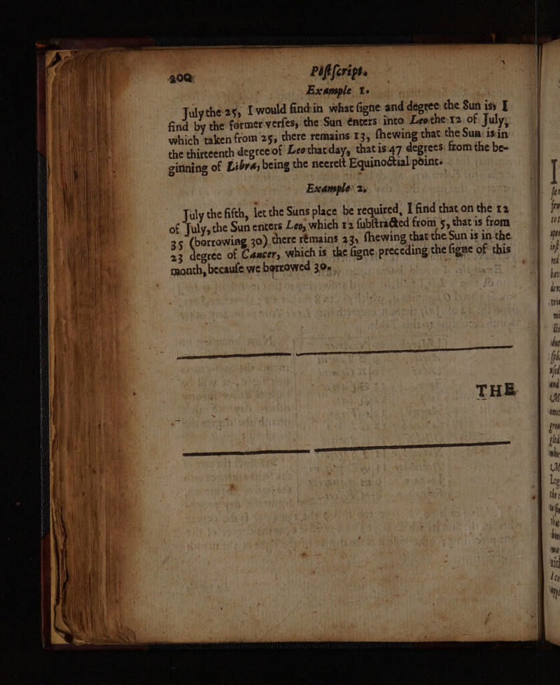 Julythe 25, I would find:in what Gigne and degree the Sun iss J find by the former verfes, the Sun énters into Leothe.r2. of July, which taken from 25, there remains 13, fhewing that the Sua: isin the thirteenth degree of Leothacday, that is'47 degrees: from the be- ginning of Libra; being the neerett Equinoctial point.
