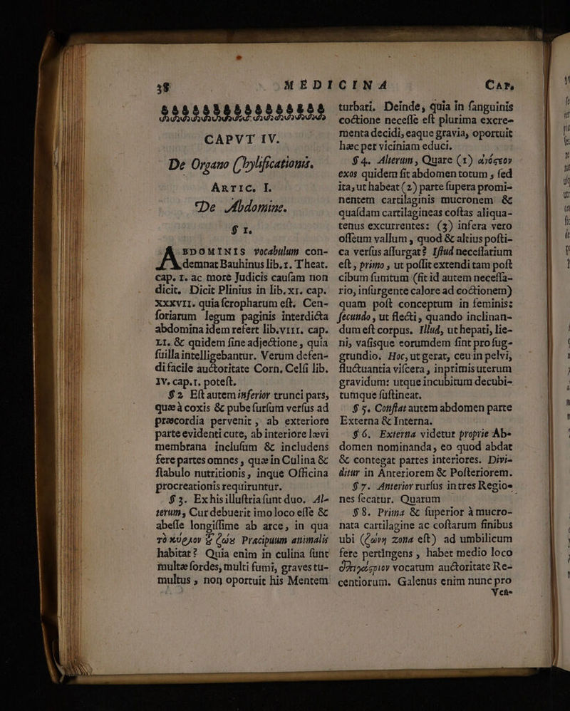 5355338558835558 CAPVT IV. De Organo (ryhificatioma. Axric, I. De JMidomiae. | $ r. | BDOMINIS vocabulum con- demnat Bauhinus libr. T heat. cap. r. ac more Judicis caufam rion dicit, Dicit Plinius in lib. xr. cap. XxxvII. quia fcropharum eft. Cen- foriarum legum paginis interdicta abdomina idem refert lib.virr. cap. LI. &amp; quidem fine adje&amp;tione , quia fuillaintelligebantur. Verum defen- difacile auctoritate Corn. Celfi lib. 1v. cap.r. poteft. $2 E(tauteminferior trunci pars; qua à coxis &amp; pube furfum verfus ad precordia pervenit ,' ab exteriore parte evidenti cute, ab interiore levi membrana inclufüm &amp;c includens ferepartes omnes , quzein Culina &amp; flabulo nutritionis, inque Officina procreationis requiruntur. $3. Exhisilluftriafunt duo. .4l^ terum , Cur debuerit imoloco effe &amp; abefle longiífime ab arce, in qua TàxUgyo» &amp; (os Pracipuum atimalis habitat? Quia enim in culina funt multae fordes, tnulti fumi, gravestu- multus ; non oportuit his Mentem Car, turbari. Deinde, quia in fanguinis coctione neceffe eft plurima excre- menta decidi, eaque gravia, oportuit hac per viciniam educi. | $4. Alterum , Quare (1) avógvo» exos quidera fit abdomen totum ; fed ita; ut habeat ( 2) parte fupera promi- nentem cartilaginis mucronem &amp; qua(dam cartilagineas coftas aliqua- tetius excurrentes: (3) infera vero offeum vallum , quod &amp; altius pofti- ca verfusaffurgat? I/fud neceílarium elt, primo , ut poílit extendi tam poft cibum fumtum (fit id autem necefla- rio, infürgente calore ad coctionem) quam poít conceptum in feminis: fecundo , ut fle&amp;i ; quando inclinan- dumeft corpus. Illud, ut hepati, lie- ni, vafisque eorumdem fint pro fug- grundio. Hoc, ut gerat, ceuin pelvi, flucuantia vifcera , inprimis uterum gravidum: utque incubitum decubi-. cumque füftineat. $ s. Conflat autem abdomen parte Externa &amp; Interna. $6. Extertia videtur proprie Ab- domen nominanda, eo quod abdat &amp; contegat partes interiores. Divi- ditur in Anteriorem &amp; Pofteriorem. nes fecatur. Quarum | $8. Prima &amp; fuperior à mucro- nata cartilagine ac coftarum finibus ubi (Cs zona eft) ad umbilicum fere pertingens ; habet medio loco 9eisnity vocatum auctoritate Re- centiorum. Galenus enim nunc pro Y ef* L ÁÓ——t ——— -——-
