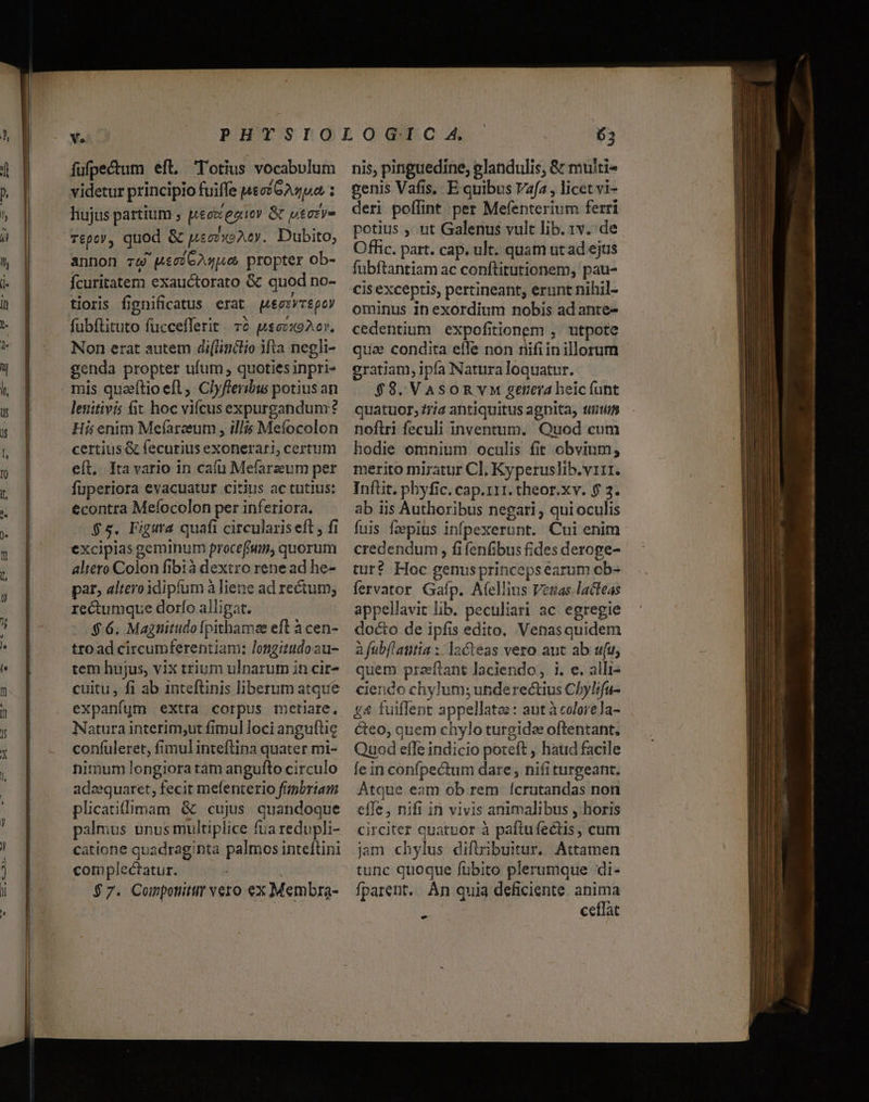 Ve fufpectum efl. Totius vocabulum videtur principio fuiffe uec? GAz ua : liujus partium ; peoxeoiey &amp; utozye reper, quod &amp; peovxeAey.. Dubito, annon 74 uioiGAgpe propter ob- Ícuritatem exauctorato G&amp; quod no- tioris fignificatus erat pieezvrpoy fubítituto füccefferit . 72 psezx92.0r. Non erat autem di(iinclio Mta negli- genda propter ufum quotiesinpri- mis quaftioefl, Clyfleribu potius an lenitivis fit hoc vicus expurgandunr? His enim Mefareeum , ill Mefocolon certius &amp; fecurius exonerari, certum e(t. Tta vario in cafu Mefarzeum per füperiora evacuatur citius ac tutis: econtra Meíocolon per inferiora. $5. Figura quafi circularis eft , fi excipias geminum procefium, quorum altero Colon fibià dextro rene ad he- par, alteroidipfum à liene ad rectum; rectumque dorfo alligat. $6. Magnitudo fpithamae eft à cen- tto ad circumferentiam: longitudo au- tem hujus, vix trium ulnarum in cir- cuitu, fi ab intefüinis liberum atque expanígm extra corpus metiare. Natura interim;ut fimul loci anguftig confuleret, fimul inteftina quater mi- nimum longiora ram angufto circulo adzequaret, fecit mefenterio fiipbriam plicatiflimam &amp; cujus quandoque palmus unus multiplice fua redupli- catione quadraginta palmos inteftini complectatur. A $7. Componitur vero ex Membra- 63 nis, pinguedine, elandulis, &amp; multi- genis Vafis, E quibus Vafa , licet vi- deri pollint per Mefenterium ferri potius , ut Galenus vult lib. 1v. de Offic. part. cap. ult. quam ut ad ejus fubftantiam ac conftitutionem, pau- cis exceptis, pertineant, erunt nihil- ominus in exordium nobis ad ante- cedentium expofitionem , utpote quae condita efle non nifiin illorum gratiam, ipfa Naturaloquatur. $8. VASORYM getrera heic funt quatuor; 77/4 antiquitus agnita, tijtim noftri feculi inventum. Quod cum hodie omnium oculis fit obvium; merito miratur Cl, Kyperuslib.virr. Inftit. phyfic. cap.111. theor.xv. $2. ab iis Authoribus negari , qui oculis fuis fzpius infpexeropt. Cui enim credendum , fi fenfibus fides deroge- tur? Hoc genusprinceps earum ob- fervator Gafp. A(ellins Vettas.lacteas appellavit lib. peculiari ac egregie docto de ipfis edito. Venasquidem à fubflatitia :/lacteas vero aut ab ufu, quem praeftant laciendo, i. e. alli- ciendo chylum; underectius Cbylifu- y&amp; fuiffent appellatae: aut à colore la- ceo, quem chylo turgida oftentant, Quod effe indicio poteft , haud facile Íe in confpectum dare, nifi turgeant. Atque eam ob rem fcrutandas non effe, nifi in vivis animalibus , horis circiter quatvor à paftufectis, cum jam chylus difiribuitur. Attamen tunc quoque fubito plerumque di- fparent. An quia deficiente. anima T cellat