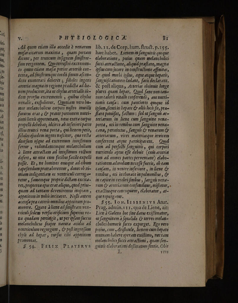 Ad quem euam illa accedit à venarum me[araicarum maxima , quam portau dicupt , per truncum in(ignem finiftror- fum vergentem. Quo terreftri excremetn- to quim etiam imafía purior arteriis cot- tenta, ad (iufivumque cord finuim a[ceti- dens exotierari deberet y. foboles ingeus arteria inagta in vegione predicta ad lie- nem producitur yita ut chylus avtevialis iis- dem provfus excrementis , quibus cbylus venalis , exfbolietur, Quouiam vero btt- mor irelancbolicus corpor: toftro. inutilis futurus erat 5 C prater portionem nutri- propelli debebat; idcirco ab inferiori parte illius trumci veta porta , qui lienem petit, foboles ejusdem ingens nafcitur, qua vecta deorum ufque ad extremum. itefiimum fertur , vedundanteimque melaucboliam à liene attraclam ad inteflinum vectum defert , tit tta. cum fecibus facile expelli poffit. Et , ne bomines eowque ad cibum capeftendum protrabeventur , donecob si- miam indigentiam os ventriculi corrugae vetttr , fameimque proprie dictam excita- Tet, propterea opus erat aliquo, quod prius- acetofa pra ceteris omtibus appetitum pro- auvere. Quare aliene ad fitiftram ven- riculi fedew verfus orificium fuperius ve- ga quadam pertitigit , ut per rain fuccus anelatcbolicus. fuapte. natura: acidus ad ventriculum vezurgitet , C pofl ingre(um cbyh ad bepar, vuv[us cibi appetitum promoveat, A sduIGLLX PLATERVS lib. 1x. de Corp. hum. ftruct. p.155. hachabet. Ziepem in fanguitiis quoque elaboratione , potiw. quam snelaucbolici face attvactione, aliquid praflave, magtta ipfius cum jecove in confIructione affinitas, Q quod morbi ipfius, «que atque bepatis, faugtificationem ladatt, fatis declavaut. &amp; poltaliqua, Aterías obtinuit loge plures quam bepav.. Quod fane nontani- tum caloris vitalis couferendi , aut nutvi- tionis caufa: cum pauciores quoque id flare potuiffet, factum : fed ut fanguis av- teriarum in liene cum fanguine vena- porte , uti in venibw cum fanguiue vena- cave, peruixtu , fanguis &amp; venarum &amp; arteriarum , vires pateviasque irvicem conferrent atque participarent, — Quod cum ad perfecti fanguinis , qui. corpori tutriendo aptus effe debuit. (ctm arteria 1108 ad omnes partes perveniant) elabo- vatiottem adinodum nece[fe fuerit, ob eam caufam, in ventre inferiore , in liene retibus , tii intborace i pulmonibus , &amp;» itt capite itt cerebri fimibus , faugttis veta- $55. Ion. IzssENIVS Ánat. Prag. admin.r11.qua de Liene, ait: Liett à Galeno boc fine datw exiflimatur, ut fanguinem a [qualido terreo melan- Cbolici bumoris fucco expuvget. Ego vero potius, cim oIAriflotele, lienem cum bepate ttiam babere operam exiflimos, tiec tam melancboltei fucci attvaétioni , quam [au- quiis claboratiomi deflinatsm fentio. Obst TCUO spl M E aos EB