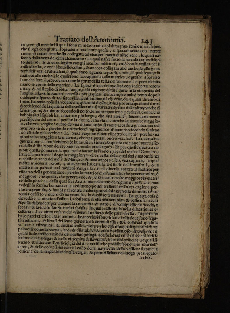 PACS E PEA A Le tro;con:gli membri li quali fono im mezo;come col'difragma, reni;emirac per che fi lega conigl’altri fopradetti.;mediante quefti, © {; pecialmente con leretté comehò detto: benche fia collegata ad'èfse.per'mezo d’ altre:vene ; ie quali na- feono dallavena-del-chilbafcendente a qual nafce fotto:la:forcola come difot- tordiremo + E ‘ancoraslevàta coinglimembri infériori';i cioè comiaiveffita per.il collo:dbefla;; e con ibbudéllo coloni; &amp;iancora colligata alle anche,&amp; alle giuns ture dell’vnayel'altra:fciali.qualifonolegamenti: groflise forti; li quali legano42 matricealle anche ;-e qualifono laveapprefso alla matrice j;e grofsei apprefso leanche fottili precedenti comele comedalla teta:dell’animalé 31€ però fichi manole cornedellà:matrice: .. La! figuravè\quadrangolare:con'vnaicerta roton ditày:&amp; hà ilcollodifotto longoizieià cagionerdì tal figlirà fù la effigentia del luogho,ea;vtilità;onero neceflità perla quale fàfituata;le:qualiditemo: dopoi: oudeipetrrifpetto!di-tal figura ibladiftintibne mi xijicelle, delle quali-diremo di fotto:Laverza:cofa da vedereèla quantità:d*efa: Làofna propriaquartità è mes diocrefecondo:laquatità della veflica: ma:fivatia.airi fpètro dele altre;perche fi fa'maggiore; &amp; minore fecondoril'coito,&amp;impregnatione: percheladonna:che habbia fatti figlioli ha la matrice più larga:3 che wnastterile Secondariamente pertifpetto del.coito» perche la: donna sche vfa.ilcoito:hala riratrice maggio» res.chevna vergine: ouero:ide’vna donna: cafta:ificomeaccade:a gl'huominidel membro virile :: perche: la operationé: inerandifée il'membro:fecondo Galeno nelfeto de gli‘interioti :» La! terza ragione è iperrrifpetto!deletà» perche vna giovine ha maggiore la matrice; che'vna:putta, overo!vecchia'.: La:quarta'taa gione è perla compleffione;&amp; humidità:dituers)&amp; quefte:cofe:puoi' raccoglie= redlalla:diffinitione del fecondo'capitolo preallegato:. Evper.quefte quattro ra= gioni quella donna:della qualfeci Abatomial’anno 1915 del mefe di Gennaro; hauea la matrice ili doppio.maggiorey che ‘quella:della:qual feci Anatomia nel medefimo anno del mefe di Marzo» Poteua ancora effere vna cagione;: laqual mette Anicenna,;, cioè, che Ja-prima-hauearallorgil fiuiffo dellimentirni:,- &amp; la matrice in parttedi&gt;tal:meftrai s'ingraffa fi fa dinerfa:anctoraila matrice per rifpetto:della generatione + pétche la'matrice!d'vi’animale;:che genera molto, è maggiore; che quella; che‘genera:vnio}&amp; peròd'è cento volte maggiore la'matri- ce‘della porcha:, della qual feci Anatomia nell’annd:deliSishore 13061 che ‘mai vedefli în femina humana.: nientedimeno poffotio'eflere ‘perl'altra:cagione; per- cheera:granida; &amp; hanèa nel'ventre tredeciiporcellinit cin ella dimoftrai Ana- tomia delifeto »: ouerod’vha grawida:;laqualbiori nartatò.. La quarta'cofa è davedere lafoftarizad'effla»: La:foftanza dieffa era ‘néraofa: &amp;»pellicofa; acciò firpofladiftetidere'per ritenerè:la creatoiti: 80 però'è-di conipleffione fredda; e fecca ;:&amp; lafuafoftanza èraffai fpeffa) laqual fi-affotiglia'nella dilatationenes ceffaria La quinta cofa è daf vedere it nufitetò delle parti di-effla. Imperoche halepartivefteriori,i&amp;:intenioriv&gt;Le interiori (onori lati dieffà doie fono lepa- tilittefticoli ;. &amp;li:vafi del feme:gia'dettièdi corni di efa 3: &amp;til tollordel quale la vuluaèla eftremità3:&amp; circa alicollosmata:zichesegti è lonpordignantitàdi vii palmo;fi.comesrla verga .lato;: 8ndilatabile® 8; però è pelicolofo!; &amp;ctefpofo: il quale haileoréfpeatnodo di: AA accibchenet'editosl tecchitatiri- latione:dellamenga &amp; nella eftrerinivà delldivaloa' fono déi ‘pellicine ; lequali fi' leuano':&amp;'fratcano! l'otificiolgiàdetto:niaecidrche ‘prohibifconolla'entrata dell’ aetca, &amp; dellecofe eftrinfechelalcòllordella matrice;&amp;della)verica! fi comsela pellicina della nerga\difende efla verga : 8i però: Alicbas ‘nerluogòd Pre DE 4€ CNIA-