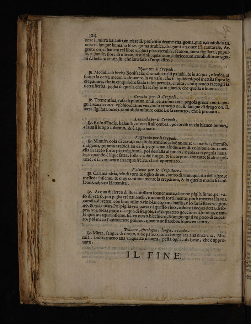24 ‘onzei. mirra balauftian.onzeit, prefetitie dramé.vna; gotna,gutte,confolida an; onze ii. fangue humano lib.v. goma arabica, draganti an.onze ili. cantarele, Ar- gento cn,v, femem rei librew.gluti pias vretulin, femoni, terra figillata; pupul- ni di hellera an.dr.iii.:che farafatto l’impiaftro'o Nota per li Crepadi . | ®R. Medolla di herba Bonifacia) che nafce nelli paludi, &amp; in acqua ; e fcalda af fuogo la detta medolla alquanto in vn vafo, che fi liquiderà,poi mettila fopra le crepadure, che in cinqu'hore falda tale apertura, e nota; che quando raccogli la detta herba, piglia di quella che hi le foglie in giuefo; che quella è buona: o Cerotto per li Crepadi . gola sauale on.v. vifchio,drame vna; bolo armeno on. ii. fangue di drago on, ii, terra figillata onze.i. confolida minore onze ive fa cerotto is Che è prouato + c3 ic Sari iLanandaperli Crepadi. vid hl B:.-Rofe d’Indie, balaufti; e feccali ‘all'ombra; poibolili in vinbianco buone; elauailluogo infermo, &amp;èapprouato.. sioni ì di s Vngquento per li Crepadi. : +. Mumie, cola di carta, on-i-bolo armeno, aloè anionze v. maftici, dragantisgomma arabica an.dr.ii; pegola nauale dura On.ii. colofonia on.i.met- «tila inaceto forte pertrè giorni, poi desfalla al fuoco s € cola con pegola naua- le; e quando è liquefatta, tolla via dal fuogo, &amp; incorpora contuttele altre pol- uere, e fà vnguento inacquafrelca, che è approuato, PPT itrcenfo, Lala; Wutione per le Crepature .: gite 32. Calamandria,fele ditoro,&amp;oglio de ani, tanto di vno, quante dell’altro;e meffeda infieme, &amp; ongi continuamente la crepatura, &amp; in quelto modo fi fanò DonGafparo Heremita . saint R:. Acquadifterco di Bue diftillata foauemente,che non piglia fumo,per va- do di vetro, poi piglia trè rananelli;'e minutili fottilmerite; poilimetterafin vna «caraffa di vetro, con buoniffimo vin bianco;ò maluafias elofaraiftarevn gior- no, é vna notte; Poi pisliavna partedì quelto vino se.duedi acquadetta difo» pra, vnameza parte d’acqua difragole,trà ò.quattro gocciole dilimone,-e tut te quelte acque infieme, fia -vn mezo.bicchiero, &amp;'aggionginivn poco di zucca» os pormettil’infrafcritte polueri, quantane farebbe fopravn fento. \ agtit Poluere Aftrologia, longa, e tonda - bri Tati B:. Mirra, fangue di drago, aloè si » tutia bruggiata ana onzevna, Mu: mia, bolo armeno ana yu quart ionza,-pefta ognicofa bene, che è appro» uata. jI%, “RARO 1A A | LT ELI MII Wi L mn (n pei ) LI mv tor (NA N qua Nou Na) pino pd i INC sint Hell: RI] DI pijN ii in7 pi ina Mu N10
