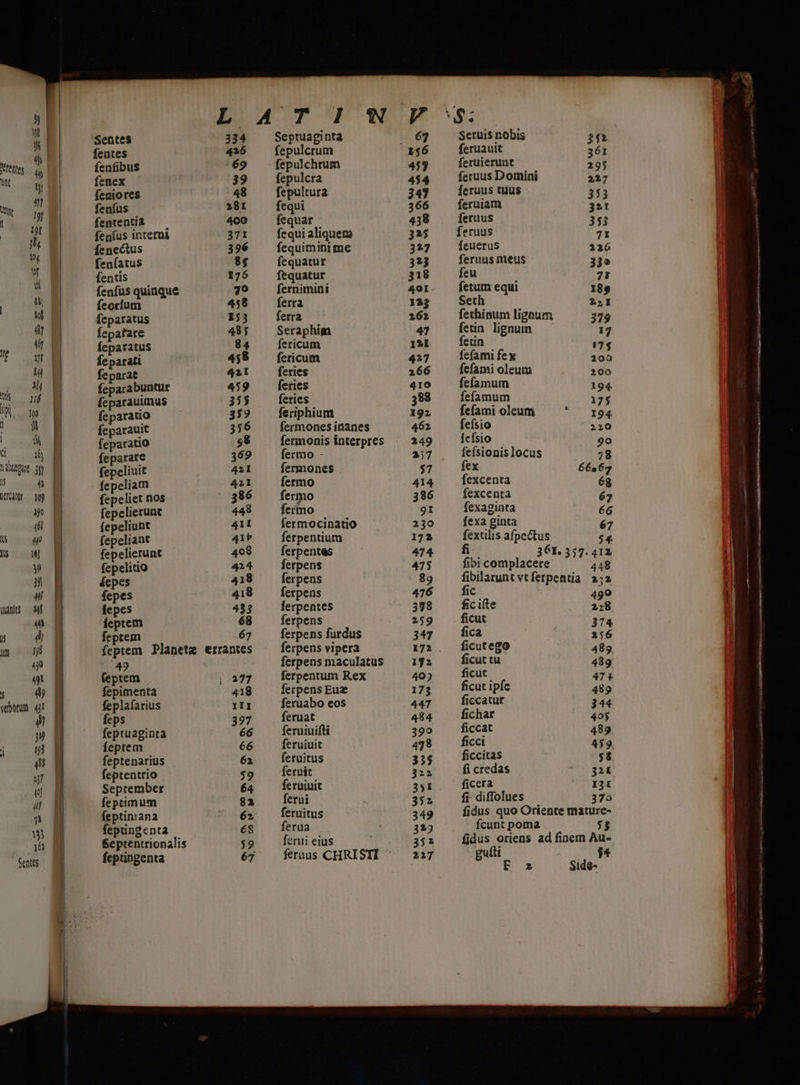 E ü i ibugue. jg ED 4 Us (0 EE y E) Wi Wes — af uin y d m 1 d 4g j a» wbonm 4j M Gente Em —— a — C —nn— —5Ó——À - € S ——— — —— —— P À—G Sentes 334 fentes 4216 fenfibus 69 fenex 39 feniores 48 fenfus 28r fententia 400 fen(us interni 371 fenectus 396 fenfíatus $5 fentis 176 fenfus quinque 79 feocium 458 feparatus I53 fepafare 48; feparatus 84 Íeparati 458 feparat 42I feparabuntur 459 feparauunus 335 feparatio 3$9 feparauit 336 feparatio $8 feparate 369 fepeliuit 421 fepeliam 421 fepeliet nos ' $86 fepelierunt 448 fepeliunt 41I fepeliant 41v fepelierunt 408 fepelitio 424 £epes 418 fepes 418 fepes 435 feptem 68 feptem 67 feptem Planetz errantes 49 feptem | (277 fepimenta 418 feplafarius III feps 397 feptuaginta 66 feptem 66 feptenarius 61 feptentrio $9 September 64 feptimum 81 feptiniana 62 fepungenta é8 Septentrionalis $9 fepringenta 67 Septuaginta fepulcrum fepulchrum fepulcra fepultura fequi fequar fequi aliquem fequimini me fequatur fequatur fernimini ferra Seraphim fericum fericum feries feries feries feriphium fermones inanes fermonis interpres fermo - fermones fermo fermo fermo fermocinatio ferpentium ferpentas ferpens ferpens ferpens lerpentes ferpens ferpens furdus ferpens vipera ferpens maculatus ferpentum Rex ferpens Eu feruabo eos feruat feruiuifti feruiuit feruitus fernit feruiuit ferui feruitus ferua ferui eius fernuus CHRIST Setuis nobis : 3$ feruauit 361 feruierunt 295 feruus Domini 227 Íeruus tuus 353 feruiam 32! feruus 353 feruus 7t Íeuerus 2116 feruus mets 33e feu 71 fetum equi 189 Seth 2251 fetin lignum 17 fern 17$ fefami fex 100 fefami oleum 200 fefamum 194 fefamum 175 fefami oleum I94 fefsio 2210 Íefsio 90 fefsionis locus 78 fex 66s 67 fexcenta 68 fexcenta 67 fexaginta é6 fexa ginta 67 fextilis afpectus $4. fi 361.557. 412 fibi complacere 448 fibilarunt vtferpentia. 352 fic 499 ficiíte 228 ficut 374 fica 2156 ficutego 489. ficut tu 489 ficut 471 ficut ipfe 499 ficcatur 344 fichar 40$ ficcat 489 ficci 459. ficcitas $8 fi credas 32t ficera 131 fi- diffolues 375 fcunt poma (ti du P $* Y er mw — dci M1 cnin 6 s RE 73 t Sii etn pego dtu i aa SES a. ir a pei qi 2 PURO ———— n E