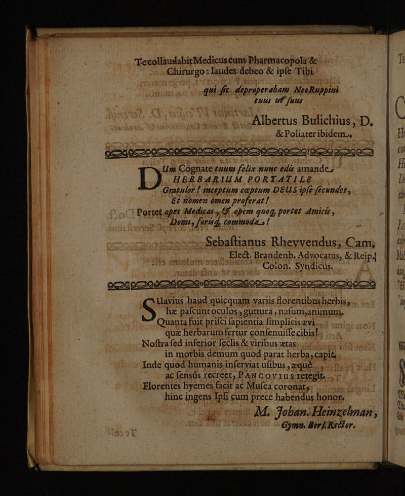 TecolläudabitMedicuscum Pharmacopola & Chirurgo ; laudesidebeo & ipfe Tibi qui fe deproperabam NeoRuppini 0 guus uf faus Albertus Bulichius ,D, &Poliateribidem,, ‚Um Cognate tuum felix wunc eds amande, | I) HERBARIUM PORTATILE Gratulor ! ınceptum captum DEUS ipfe fecundet, Et nomen omen proferat! Portef.opes Medicas.,,€ ‚open quog, portet Amicis, ‚ Dom, fors4, commoda! Sebaftianus Rhevvendus; Cam; Eledt. Brandenb. Advocatus, &Reip.| N Coion. Syndicus, SLIDE DVETLETICCTOCTEEEEIETN hx pafcunt oculos.„ guttura , nafum,animum, Quanta fuit prifci fapıentia fimplicisevi | qu& herbarumfertur confenuiflecibis! Noftra fed inferior leclis & viribus ztas in morbis demum quod parat herba,capit, Inde quod humanisinferviat uhbus , zque ae (ensüs recreet, PANC Oyıus.retegit. Florentes hyemes facit ac Mufea coronat, hinc ingens Ipfi cum prece habendus-honor, | Gymm. Ber, Redtor. Si haud quiequam variis Aorentibusherbis,