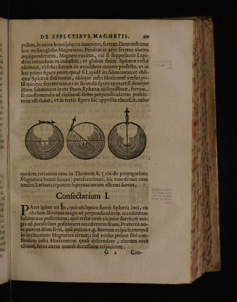 polum,in cuius hemifphetio inuenitur, feratur. Demonftratur hoc melius globo Magnetico; Pendéat in aére ferreus obelus sequiponderatus , Magnete excitus , cui fi fuppofueris Lapi- dem rotündum ca induftria ; vt globus fitum Sphare reas obtineat, videbis ferrum in equilibrio manere perfecto, vt in hac prima figura patet; quod fi Lapidé ita fübmoueas;vt obli- lii quoque fereturacus,vt in fecunda figura áp paret;fi denique illum fubmoueas iuxta fitum,Sphzrz obliquiffimz , ferrum , fe conformando ad eiufmodi fitétm perpendicularem pofitio- nem affe&tabit , vt in tertia figura hic appofita elucefcit, cuius EPA 27) ZZ quidem rationem cum in Theorem.8. ( vbi de propagatione Magnética locuti fumus) patefecerimus, hic eam denuó cum naufea;Eectoris repetere fuperuácaneum efferati fumus. 7: »Confectarium I. Atet igitur ex f;s , quó obliquior fuerit Sphzra loci, eà obelum libratum magis ad perpendicularem accedentem habiturum pofitionem ,.quó rectz veró vicinior fuerit;eó ma- gis ad parallelam pofitionem accedentem fitum. Praterea no-. ta partem illam ferri, quà polum v.g. Boreum rcífpicit;jnunquá in inclinatione Magnetica eleuari; fed verfus polum fibi con-. fimilem infra Horizontem quafi defcendere , altertun veró cleuari;ferro axem mundi decuffatim refpiciente ;.