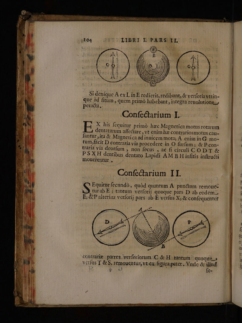 IT x ru B p, pp, rm .. Sidenique A ex L inE redierit, redibunt, & veiforiav trin- que ad fitum , quem primo habebant , integra reuolutione..; peraca,. | | Confectarium I. E X his fequitur primó hac Magnetica motus rotarum 2, dentatarum affectare , vt enim hz contrariosmotus cau- lantur ,ita & Magnetica ad inuicem mota; A enim in G- mo- tum,facit D contraria via procedere in O furfum ; & P con- traria via deorfum , non fecus ; a€ fi circuli COD T & P5 XH dentibus dentato Lapidi AM B H infitis inftru&ti mouerentür , Confectarium II. Q ubl fecundó , quód quantum À. pun&um remouez verfus T &S, remouentur, vt.ex: figura;pater , Vnde & illud He A E ; fe-