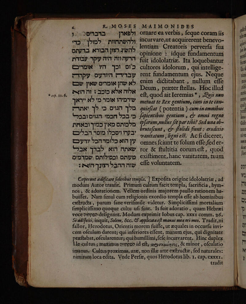 B‏ ו 5 א 0 ז ה א R.;MOSES‏ 6 | si | | : E | |. 30*923- qiie ornare ea verbis , feque coram iis m / ZU PE PDA ו ו ו‎ ma Di להשיג הפו הבורא הט‎ Opinione : idque fundamentum ||  pay הרעהוזה היה עיקר‎ furidololatria. Ita loquebantur — | = | כוס וכך היו אומריכם‎ cultores idolorum , quiintellige- — ||. ji | cnpy עובדירק היורעיס:‎ rent fundamentum ejus. Neque  rion | Cov לא שהן אומרים שאין‎ enim dictitabant., nullum effe | m | mann : אלוה אלא כוכב‎ Deum, praterítellas. 110616 — || - IUE ouo TUN MISI, 4 » eft, quod aitIeremias* ; Qus sen ||  QN שירמיהו אומר מי לא‎ emetuat te Rex gentium, cum imtecon- || 6 DN כי לך‎ onn מלך‎ quiefcat ( potentia ( 007028 007/22 = d בי בכל חכמי הגויס ובפל‎ fapientibus. gentium , e omni regno. 1 lg, nn מלכות 5 מאין כמוך ובא‎ dob 1 p $ed 97 ob- | ₪ יבערו ויסכלו מופר הבליכם‎ | om ise 7-7 wantatum ,ligniest, Acfidiceret, — || ium coy הוא 2572 הכל‎ TZ omnesfciunttefolum effejfeder- || ' שאתה הוא לברך אבל‎ ror &amp; ftultitia eorumeft, quod |  טעותס וכסילותס .שמדמים‎ exiftiment,hanc vanitatem, tuam is : שוה ההבָל רצונך הת‎ effe voluntatem. | ₪ י‎ sd | | Caperunt edificare fideribur templa. [ Expofita origineidololatrie ,46 | . rhodum Autór tranfit, Primuri cultum facittempla, facrificia,hym- || nos, &amp; adorationem. Vellem ordinis majorem paullo rationem ha- » buiffet. INam fimul cum relieionis exordio templa effe ab hominibus — 9| .. exftrücta ,' parum fane vérifinif videtur. 'Simpliciffimi mortalium | zi fimpliciffimo quoque cultu ufi funt. Isfuitadoratio , quam Hebrei | y voce oinppo defignant. Modum exprimit lobus cap. xxxr comm. 26. — | |  Srddifexi, inquit, Soles, 600. C9 applicata efl manus meaori meo, 'T'radit,ni | fallor, Herodotus, Orientis morem fuiffe, ut equales in occurfü invi- | cem ofculum darent; qui inferiores effent, manum ejus, qui dignitate | lj praftabat, ofcularentur; qui humillimi,fefe incurvarent,. Hinc duplex Me cultus; maximus »nppo id eft; zeoexuugoi;, &amp; minor,ofculatio | ה‎ imanus.: Cultusproximus; 205, non illa arte exftru&amp;e fed naturales: || א‎ nimirum loca edita, Vnde Perfz, quos Herodotus lib. x, cap. gx TE | : tradit — |