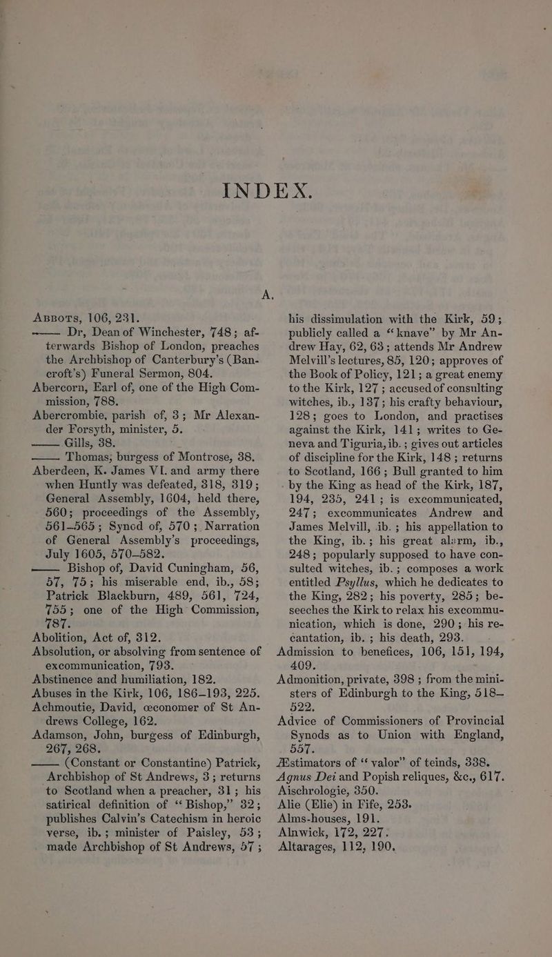 Axspors, 106, 231. Dr, Dean of Winchester, 748; af- terwards Bishop of London, preaches the Archbishop of Canterbury’s (Ban- ceroft’s) Funeral Sermon, 804. Abercorn, Earl of, one of the High Com- mission, 788. Abercrombie, parish of, 3; Mr Alexan- der Forsyth, minister, 5: Gills, 38. Thomas, burgess of Montrose, 38. Aberdeen, K. James VI. and army there when Huntly was defeated, 318, 319; General Assembly, 1604, held there, 560; proceedings of the Assembly, 561-565; Synod of, 570; Narration of General Assembly’s proceedings, July 1605, 570-582. Bishop of, David Cuningham, 56, 57, 75; his miserable end, ib., 58; Patrick Blackburn, 489, 561, 724, 755; one of the High Commission, 787. Abolition, Act of, 312. Absolution, or absolving from sentence of excommunication, 793. Abstinence and humiliation, 182. Abuses in the Kirk, 106, 186-193, 225. Achmoutie, David, ceconomer of St An- drews College, 162. Adamson, John, burgess of Edinburgh, 267, 268. (Constant or Constantine) Patrick, Archbishop of St Andrews, 3; returns ‘to Scotland when a preacher, 31; his satirical definition of ‘‘ Bishop,” 32; publishes Calvin’s Catechism in heroic verse, ib.; minister of Paisley, 53; made Archbishop of St Andrews, 57 ; his dissimulation with the Kirk, 59; publicly called a “knave” by Mr An- drew Hay, 62, 63; attends Mr Andrew Melvill’s lectures, 85, 120; approves of the Book of Policy, 121; a great enemy to the Kirk, 127 ; accused of consulting witches, ib., 137; his crafty behaviour, 128; goes to London, and practises against the Kirk, 141; writes to Ge- neva and Tiguria, ib. ; gives out articles of discipline for the Kirk, 148 ; returns to Scotland, 166; Bull granted to him - by the King as head of the Kirk, 187, 194, 235, 241; is excommunicated, 247; excommunicates Andrew and James Melvill, .ib. ; his appellation to the King, ib.; his great alirm, ib., 248; popularly supposed to have con- sulted witches, ib.; composes a work entitled Psyllus, which he dedicates to the King, 282; his poverty, 285; be- seeches the Kirk to relax his excommu- nication, which is done, 290; his re- cantation, ib. ; his death, 293. Admission to ened edn, 106, 151, 194, 409. Admonition, private, 398 ; from the mini- sters of Edinburgh to the King, 518-— 522. Advice of Commissioners of Provincial Synods as to Union with England, Soi: Estimators of ‘* valor” of teinds, 338. Agnus Dei and Popish reliques, &amp;c., ahh Aischrologie, 350. Alie (Elie) in Fife, 253. Alms-houses, 191. Alnwick, 172, 227. Altarages, 112, 190.